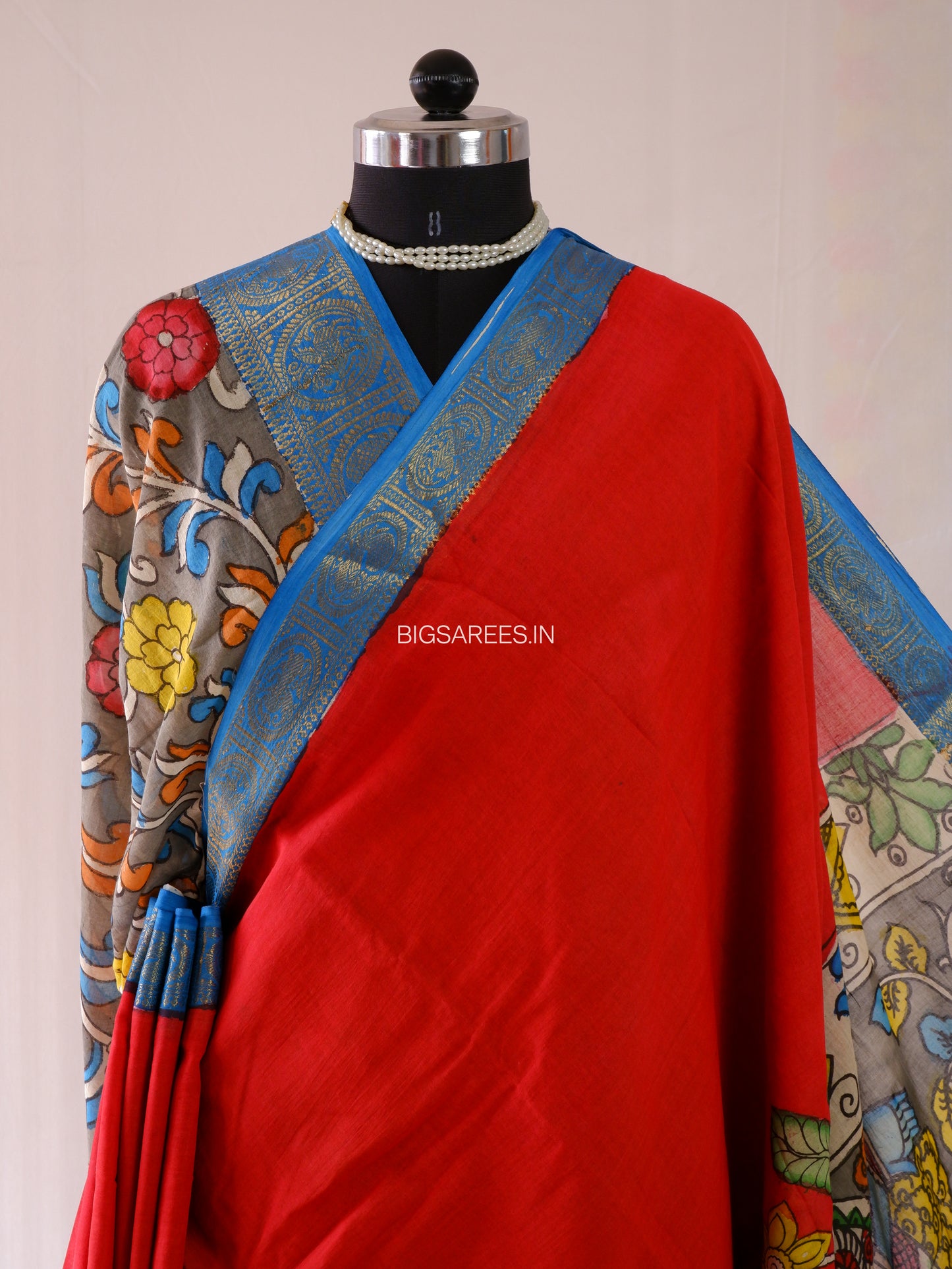 Pen Kalamkari Cotton Saree with Running Blouse | Hand-Painted | Red