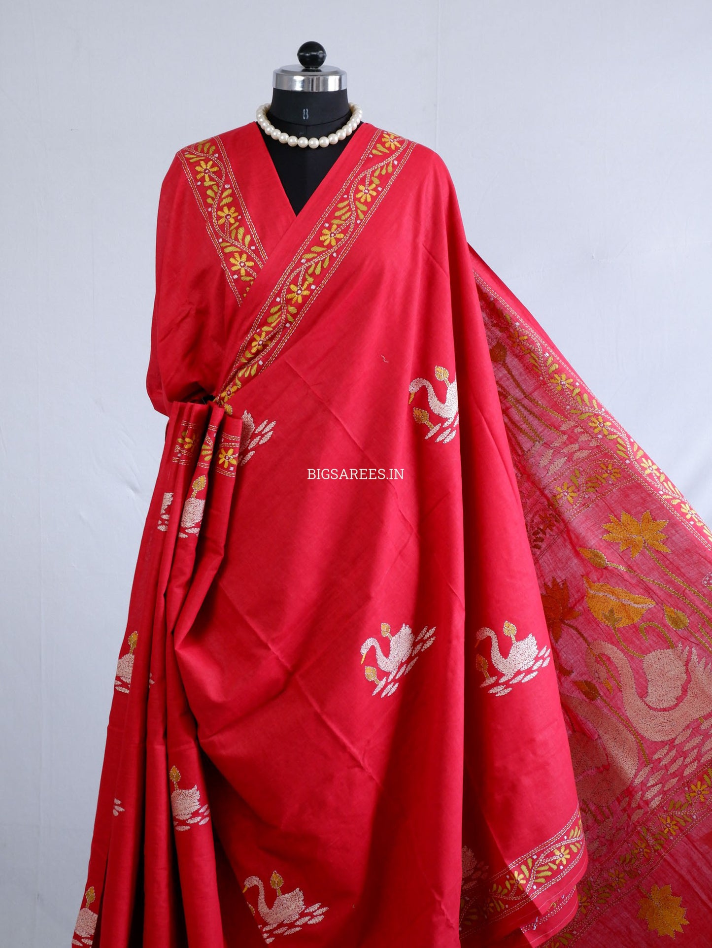 Kantha Hand-Embroidered Saree | Pure Khadi Cotton | Red