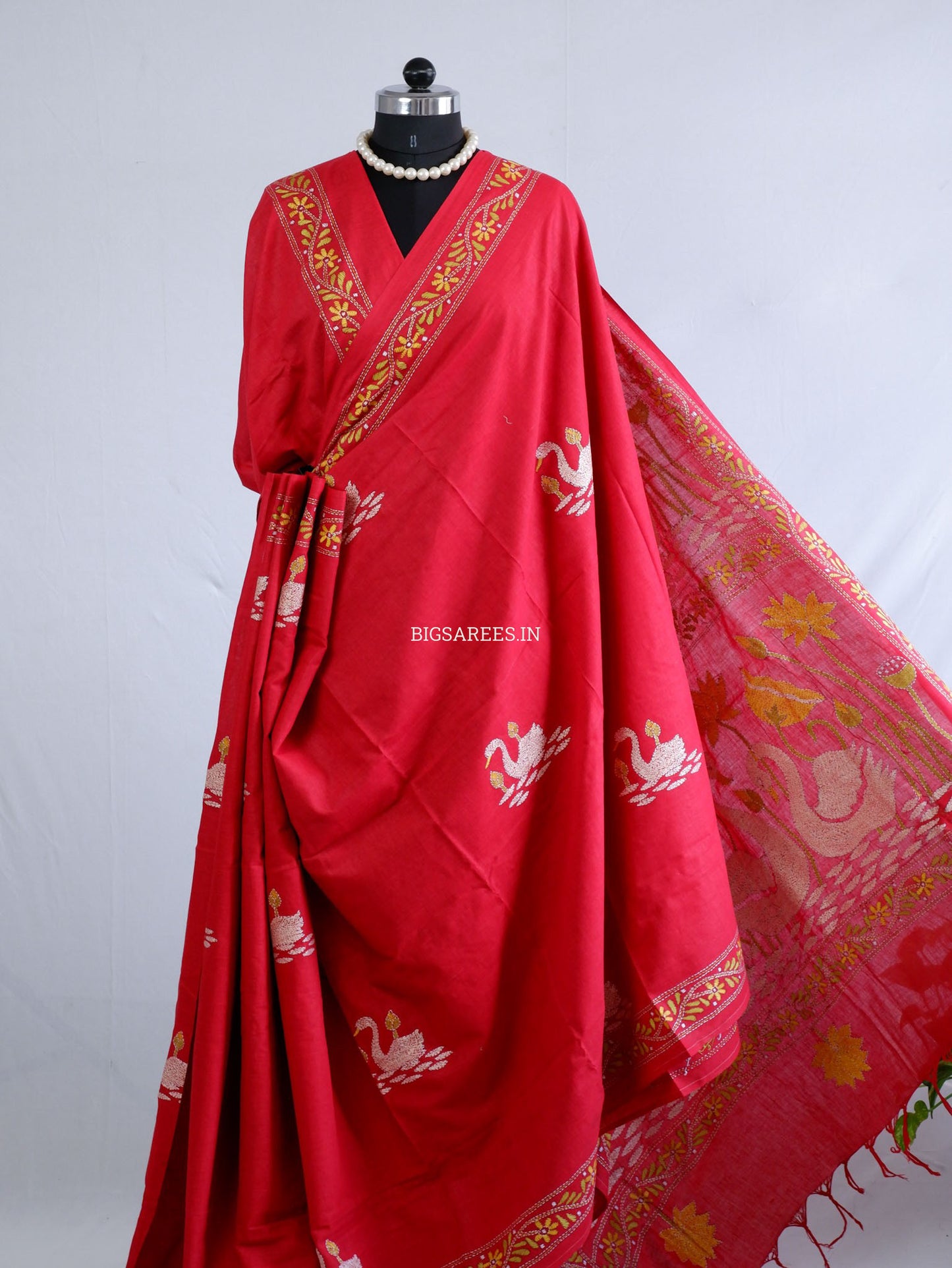 Kantha Hand-Embroidered Saree | Pure Khadi Cotton | Red