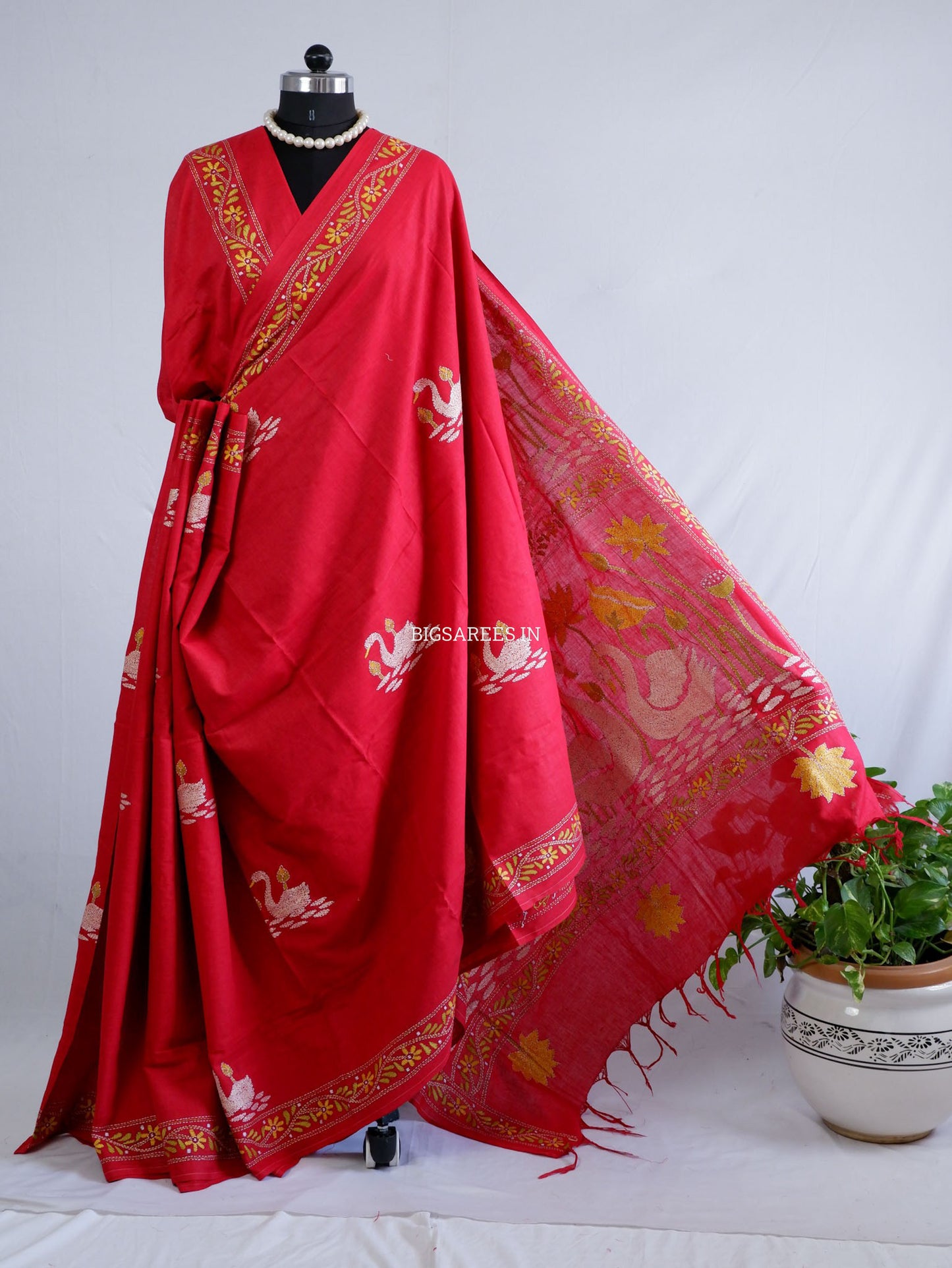 Kantha Hand-Embroidered Saree | Pure Khadi Cotton | Red
