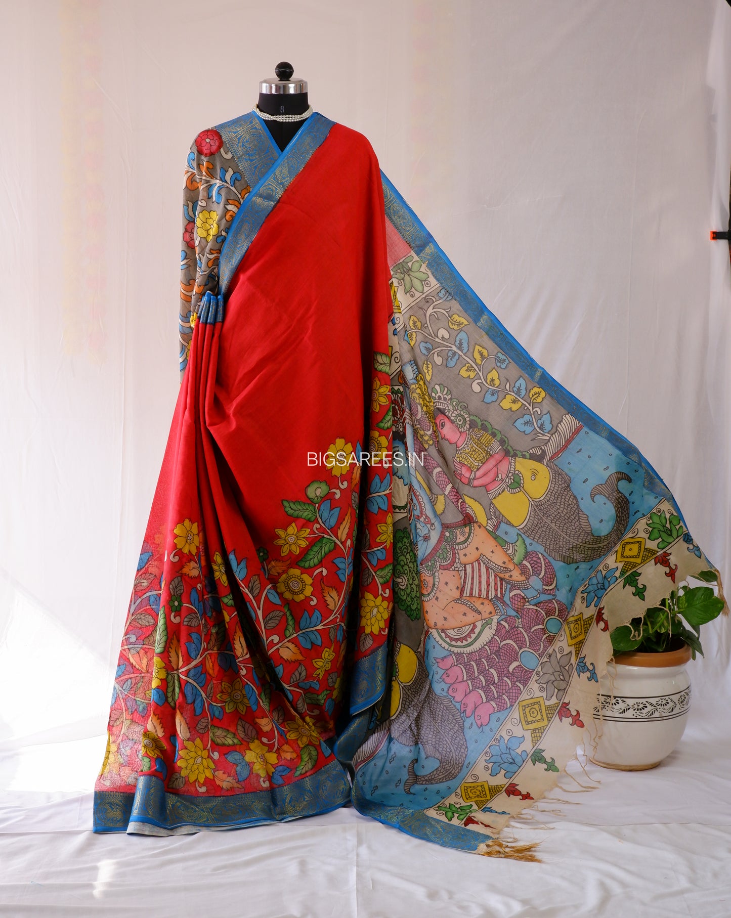 Pen Kalamkari Cotton Saree with Running Blouse | Hand-Painted | Red