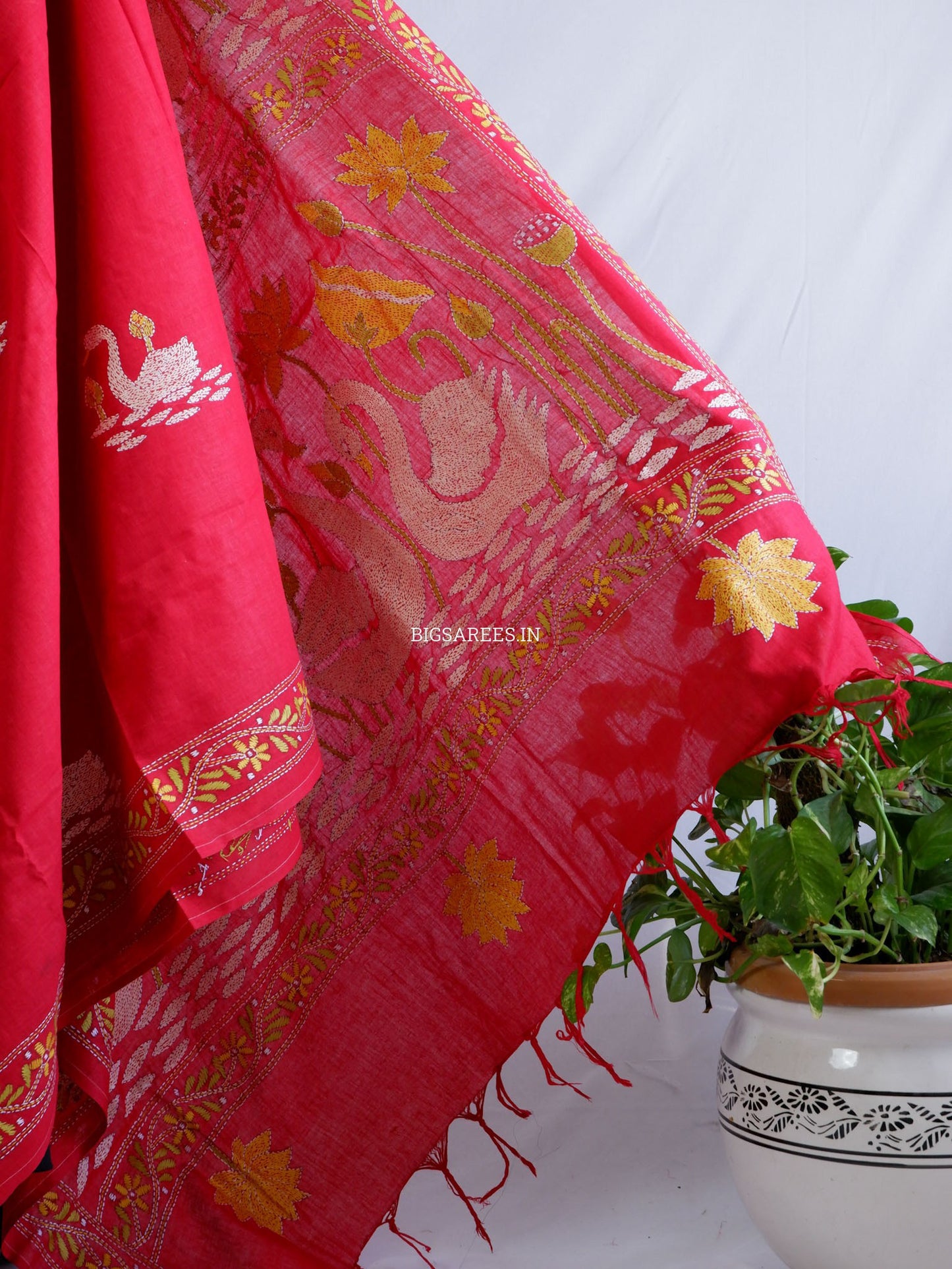 Kantha Hand-Embroidered Saree | Pure Khadi Cotton | Red