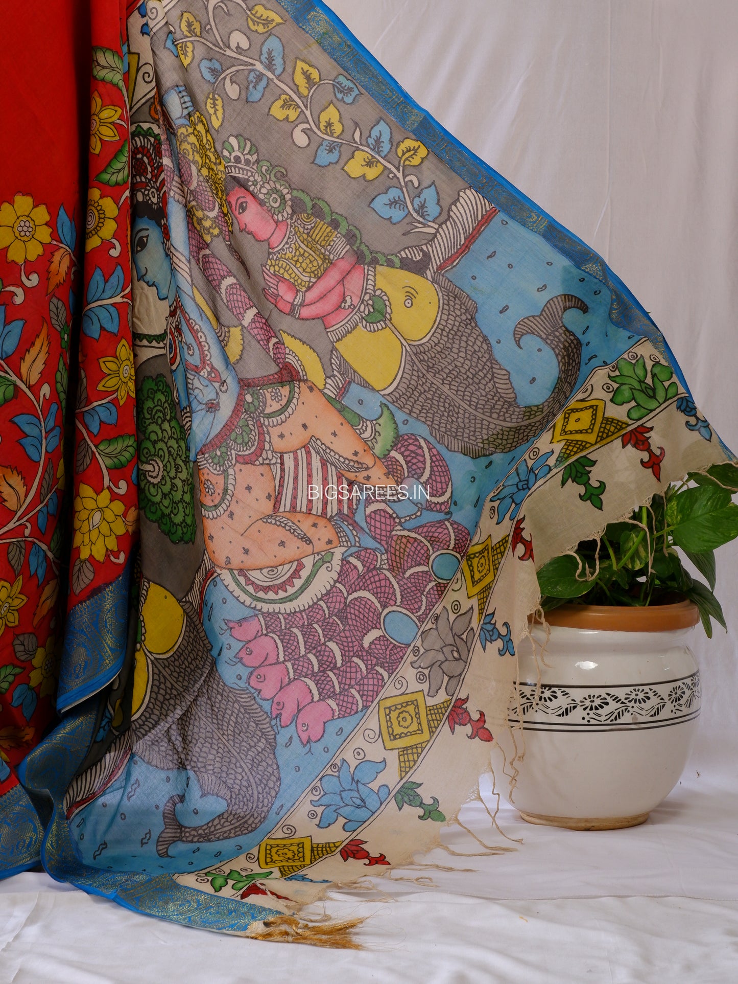 Pen Kalamkari Cotton Saree with Running Blouse | Hand-Painted | Red