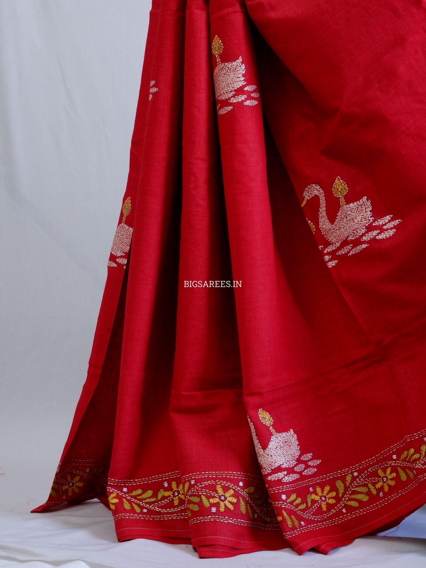 Kantha Hand-Embroidered Saree | Pure Khadi Cotton | Red
