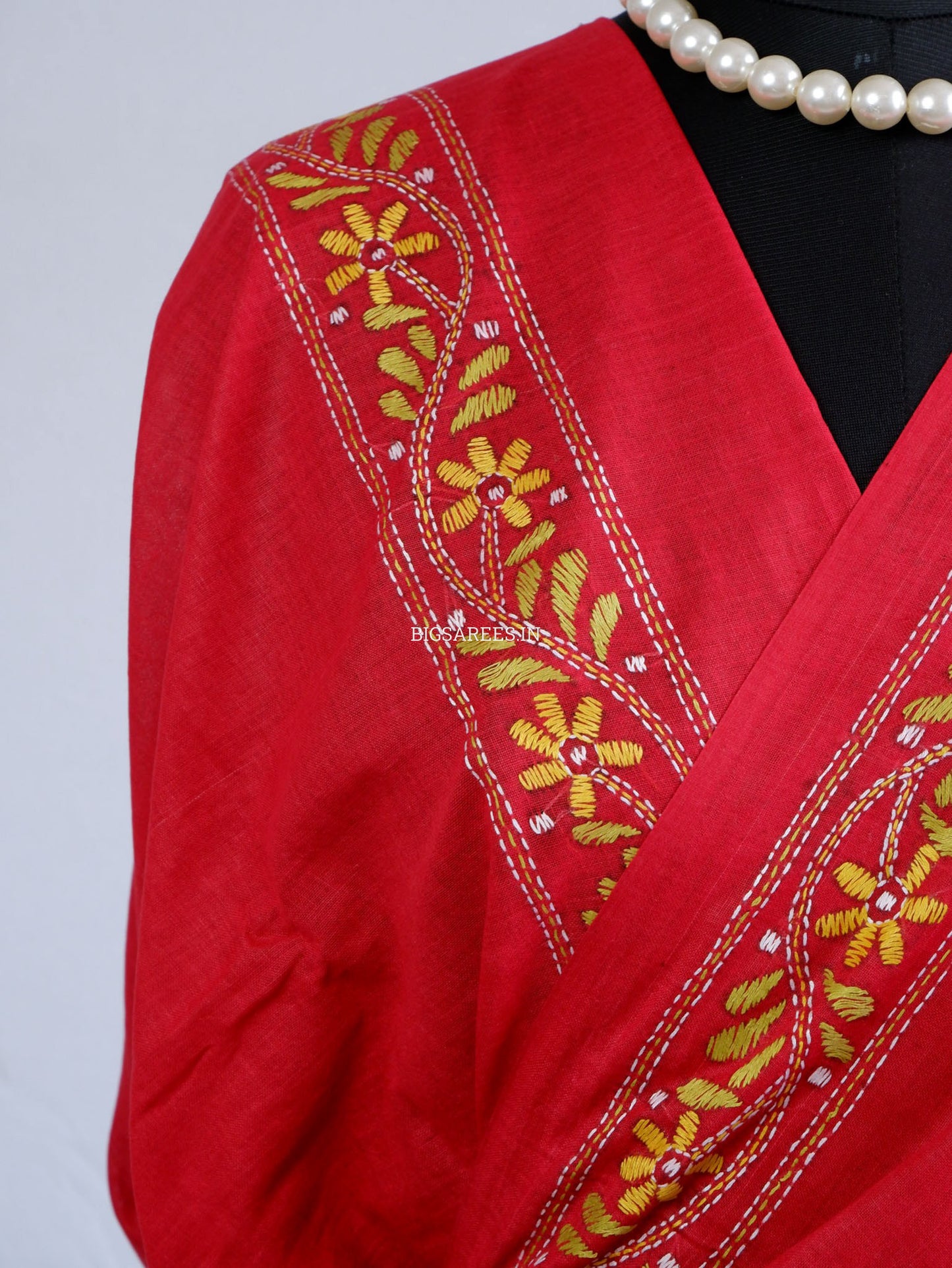 Kantha Hand-Embroidered Saree | Pure Khadi Cotton | Red