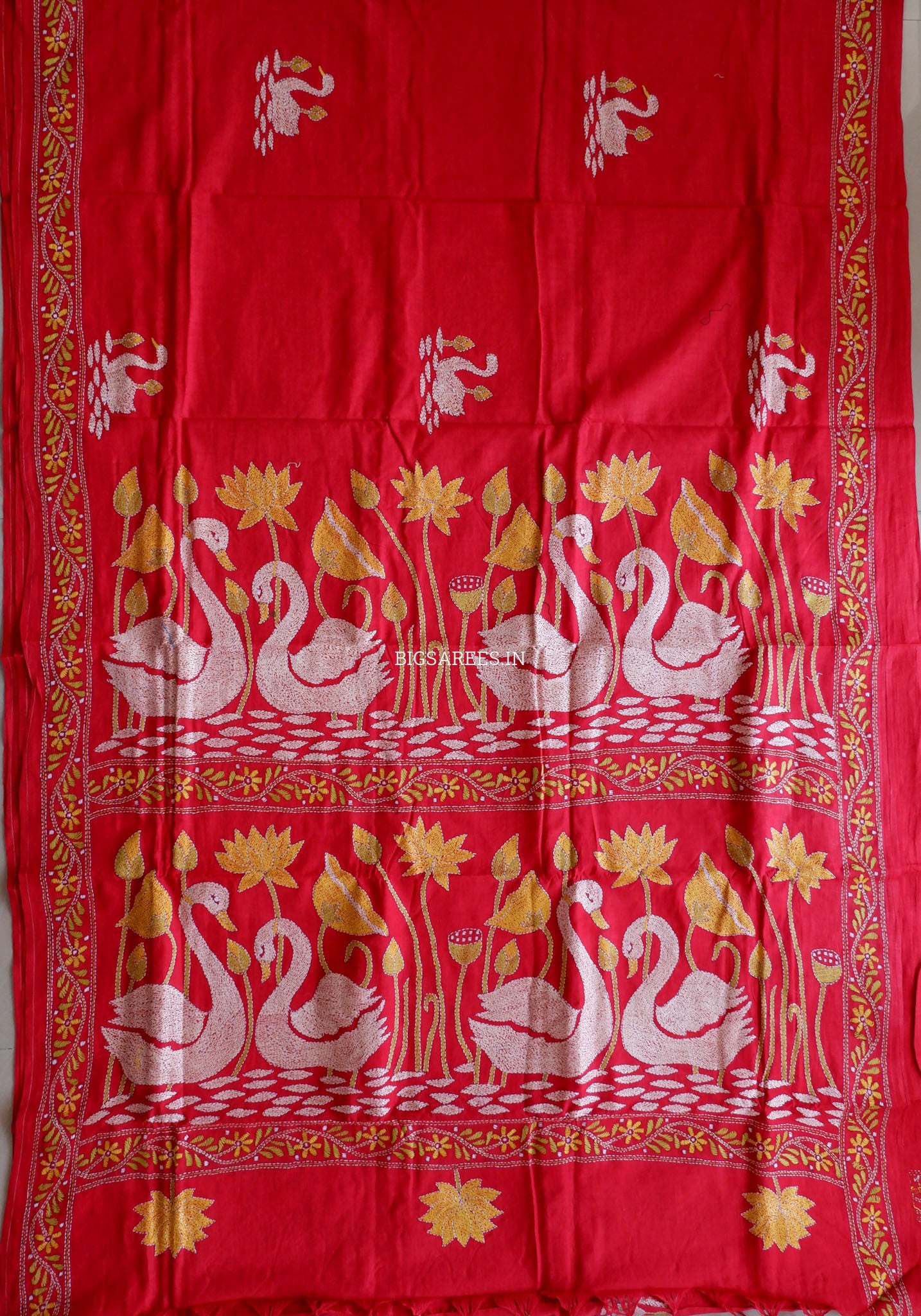 Kantha Hand-Embroidered Saree | Pure Khadi Cotton | Red