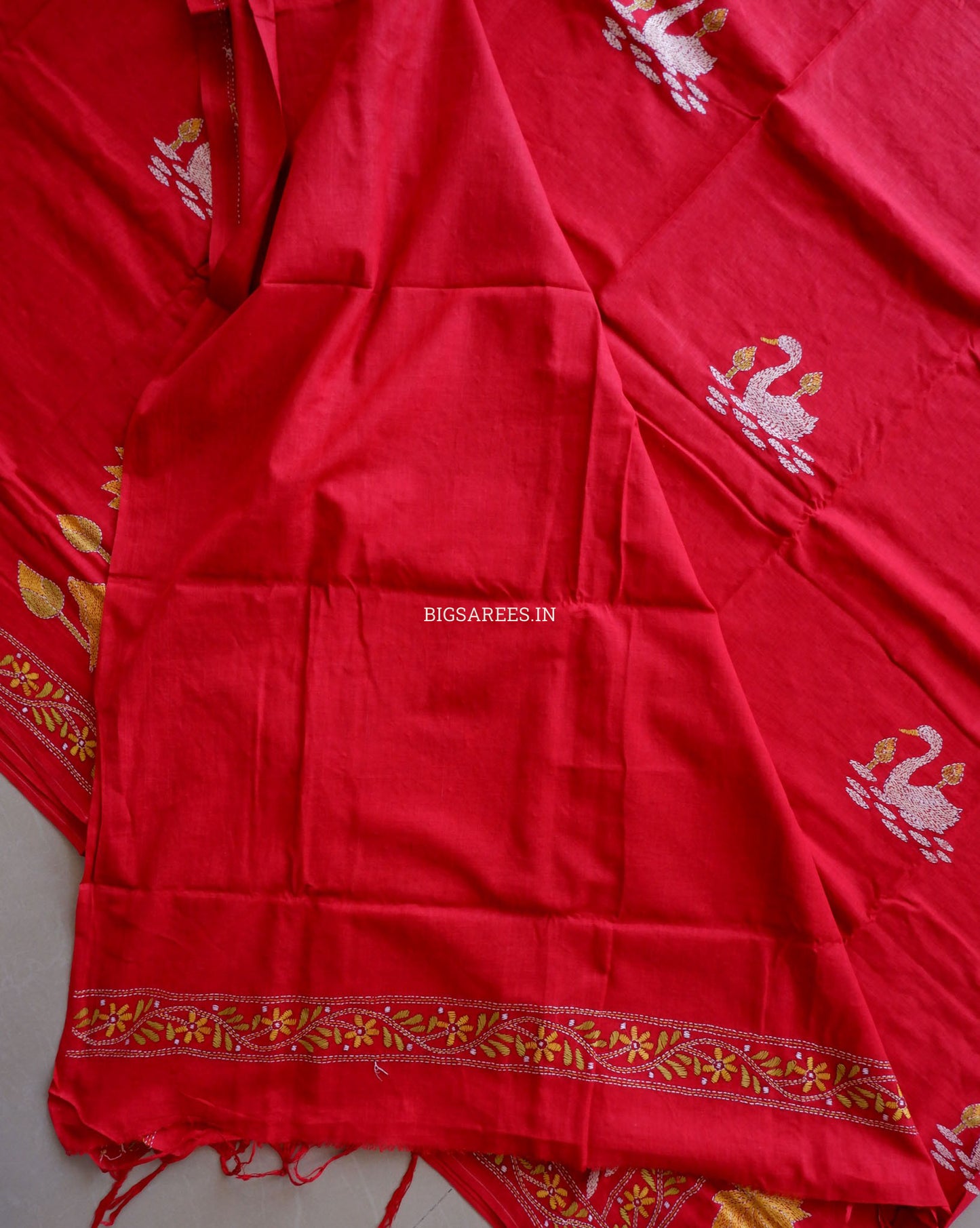Kantha Hand-Embroidered Saree | Pure Khadi Cotton | Red