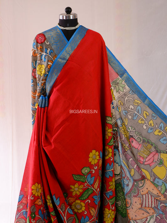 Pen Kalamkari Cotton Saree with Running Blouse | Hand-Painted | Red