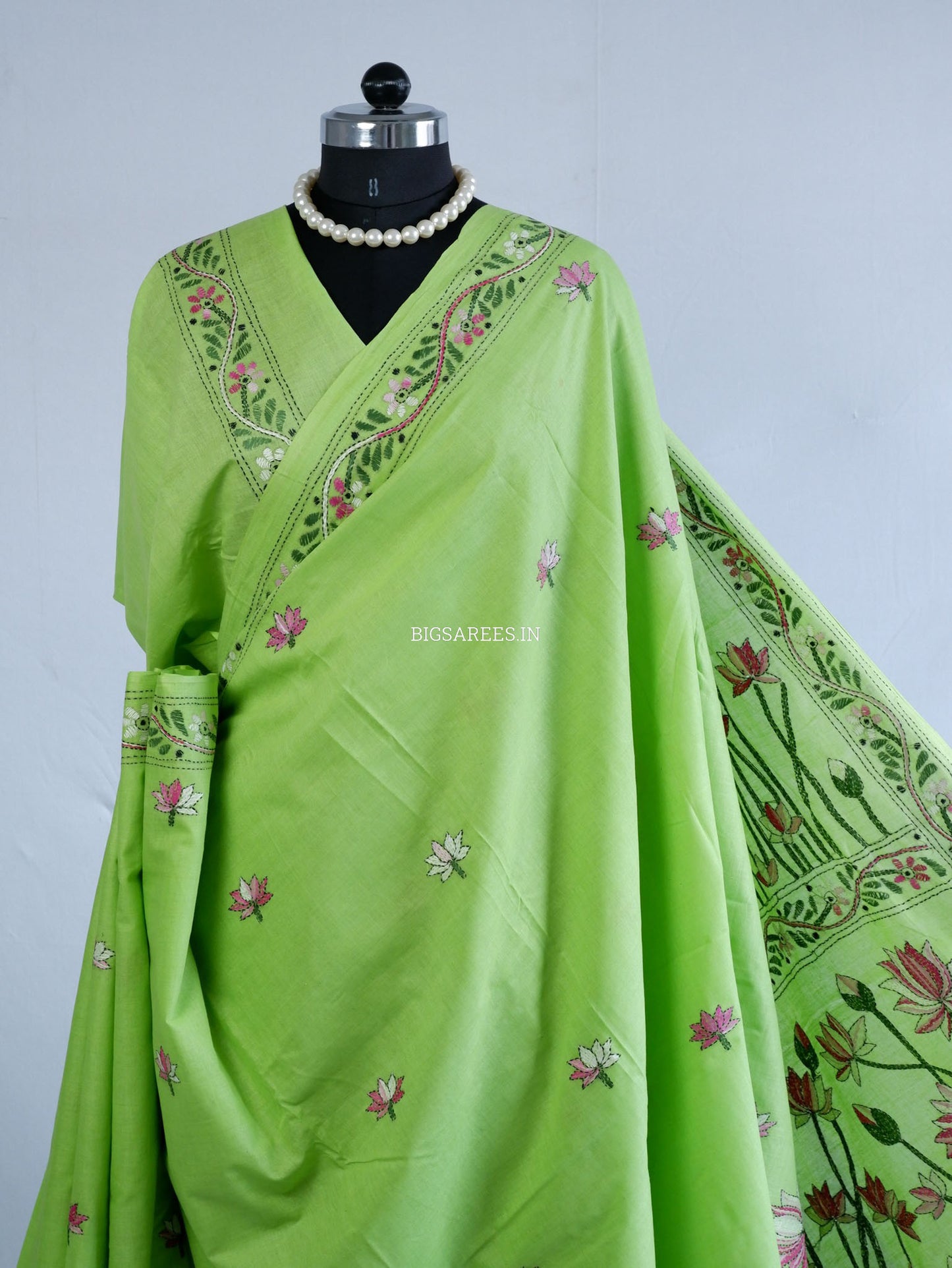 Kantha Hand-Embroidered Saree | Pure Khadi Cotton | Light Green