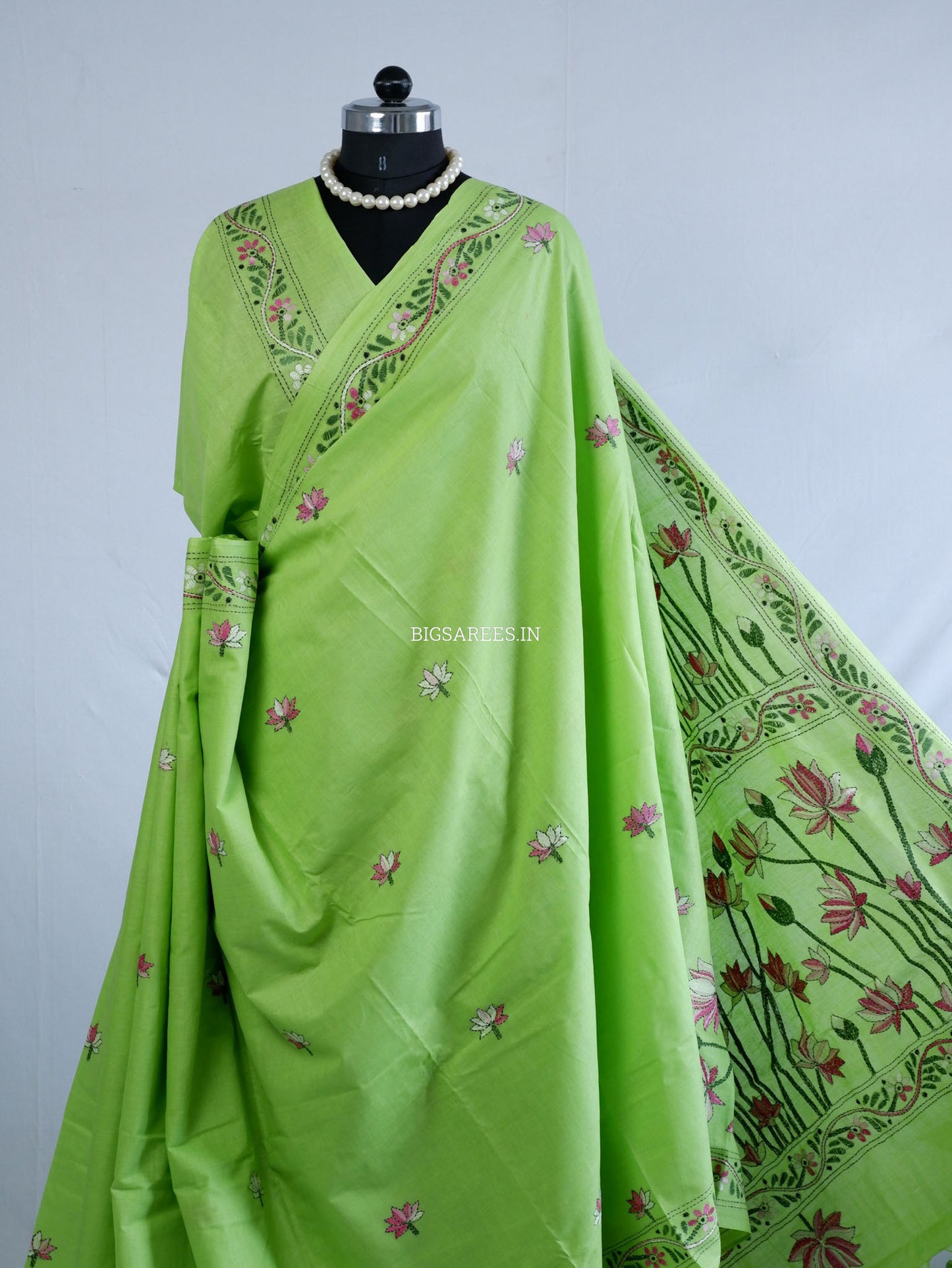 Kantha Hand-Embroidered Saree | Pure Khadi Cotton | Light Green