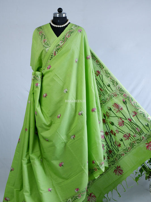Kantha Hand-Embroidered Saree | Pure Khadi Cotton | Light Green