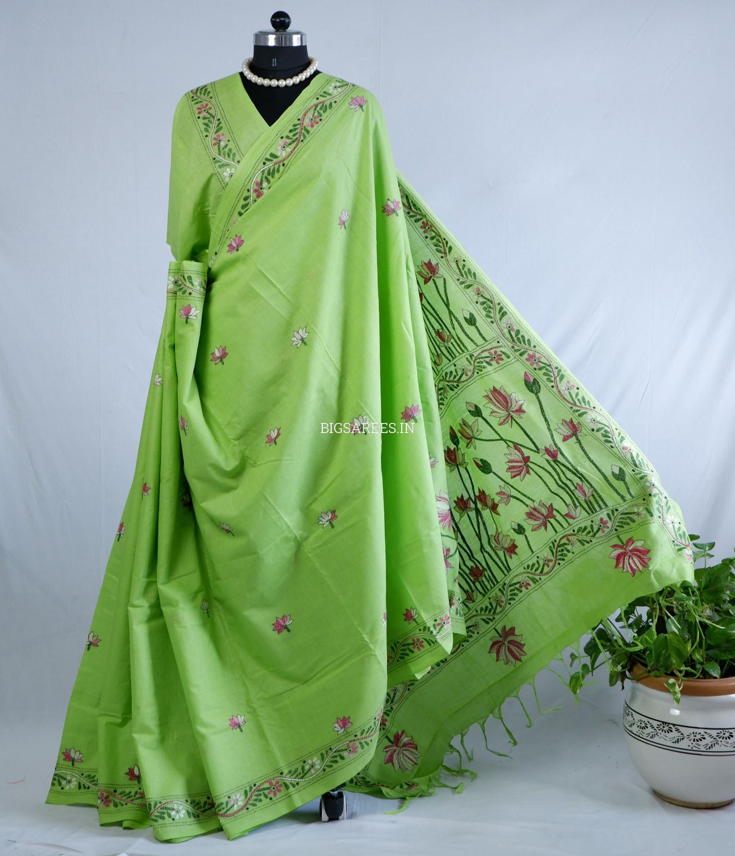 Kantha Hand-Embroidered Saree | Pure Khadi Cotton | Light Green