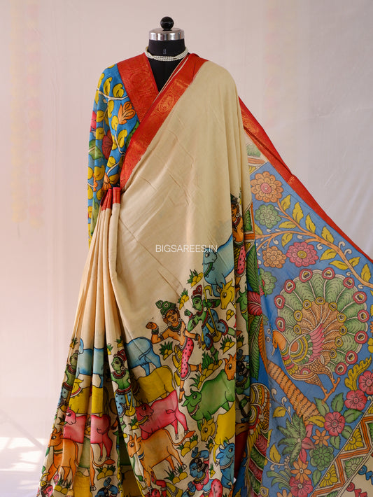 Pen Kalamkari Cotton Saree with Running Blouse | Hand-Painted | Beige