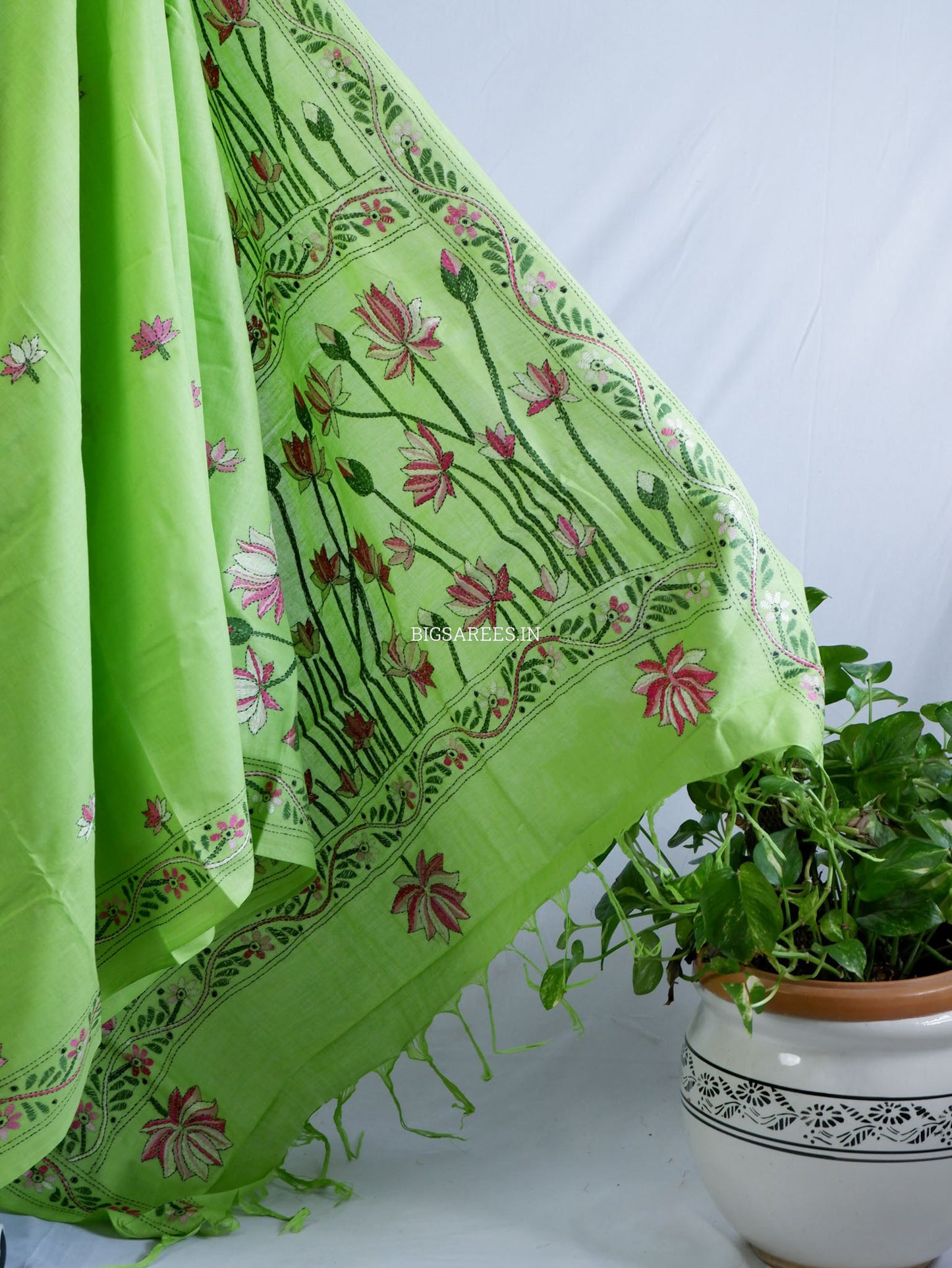 Kantha Hand-Embroidered Saree | Pure Khadi Cotton | Light Green