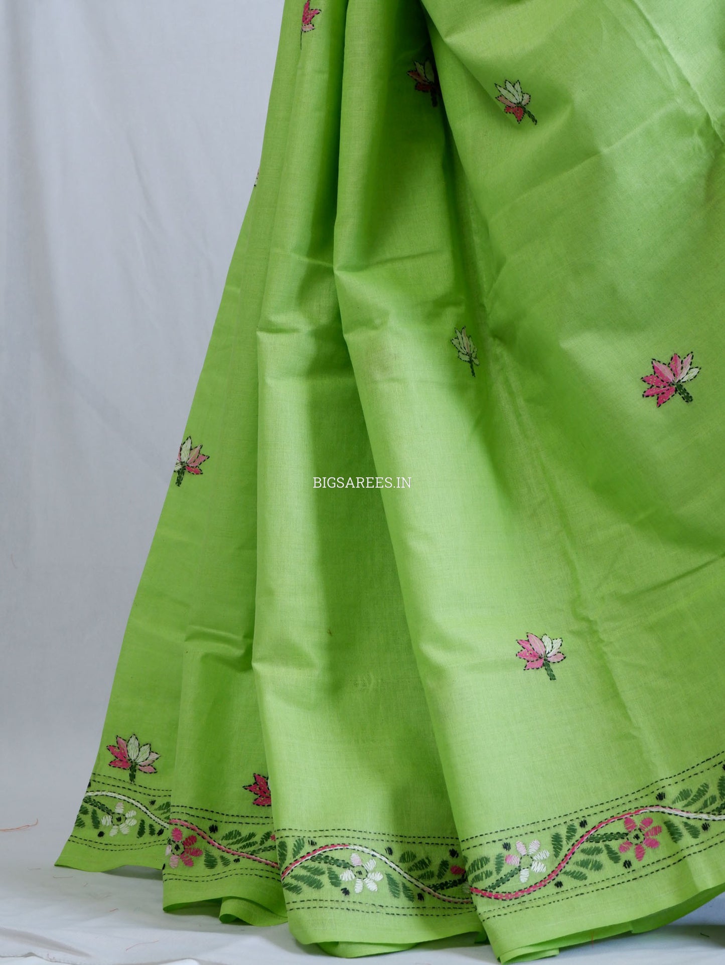 Kantha Hand-Embroidered Saree | Pure Khadi Cotton | Light Green