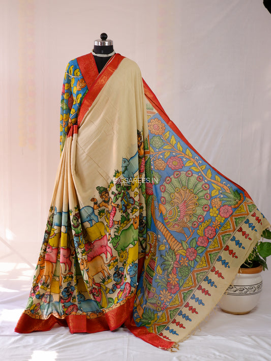 Pen Kalamkari Cotton Saree with Running Blouse | Hand-Painted | Beige