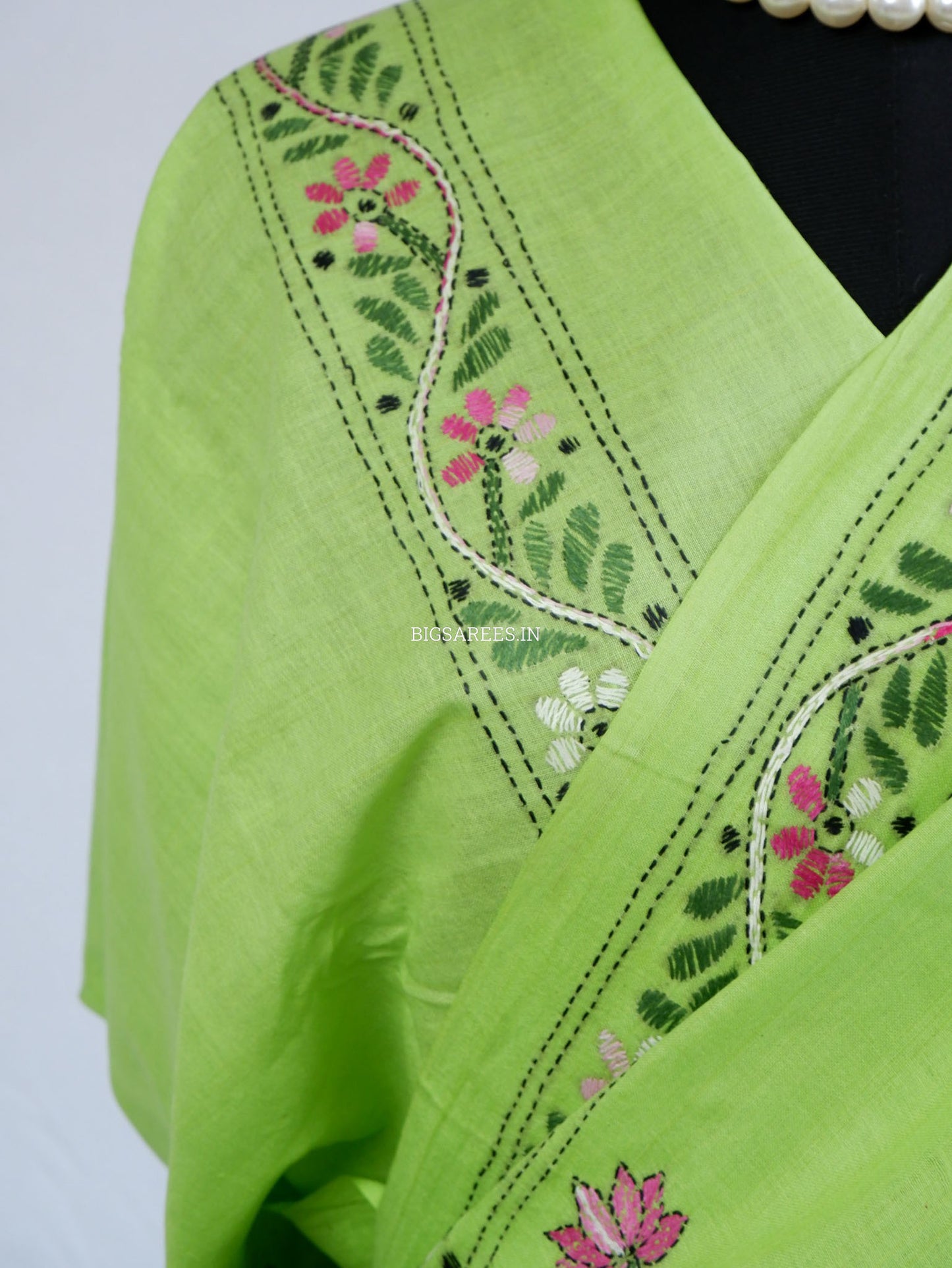 Kantha Hand-Embroidered Saree | Pure Khadi Cotton | Light Green