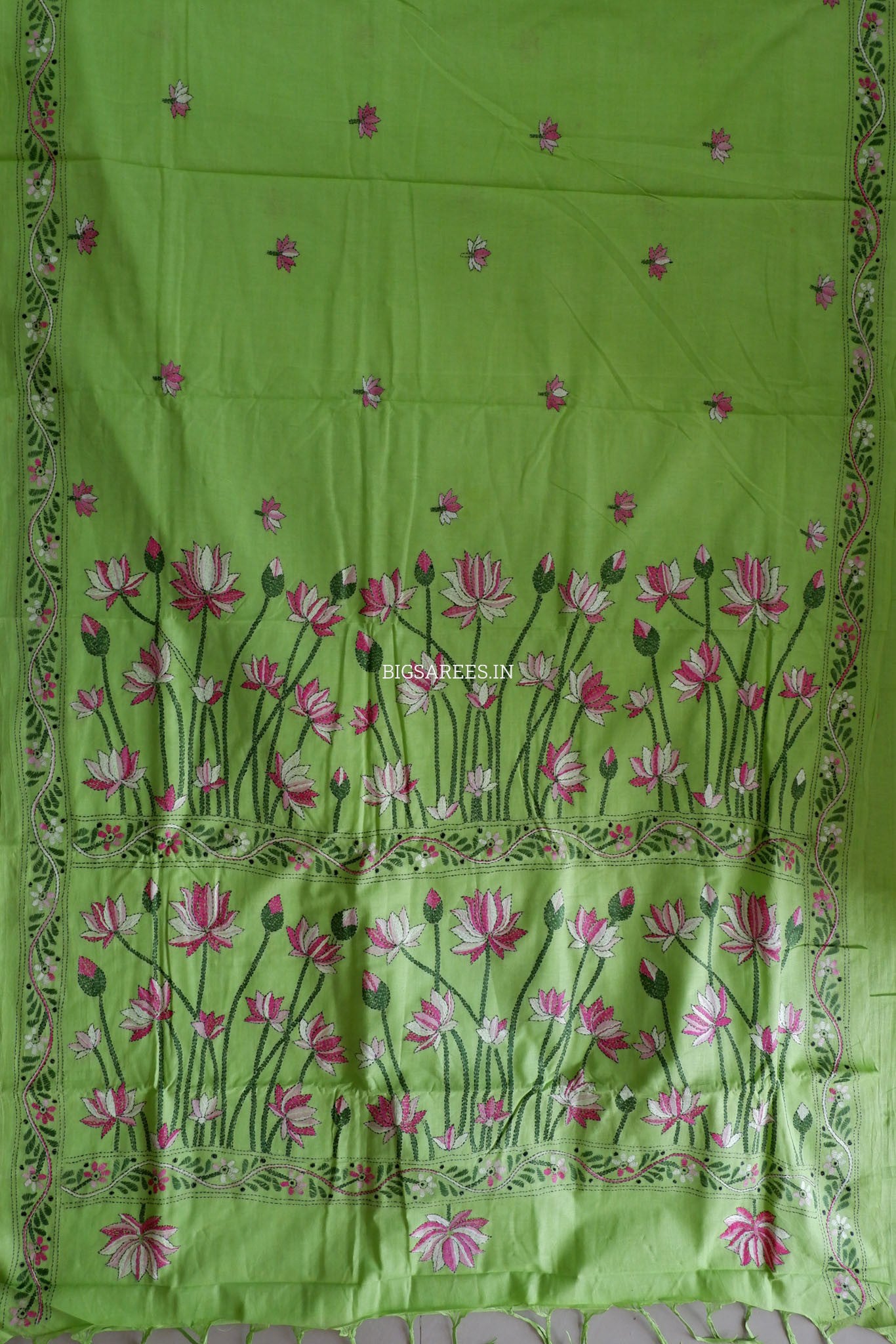 Kantha Hand-Embroidered Saree | Pure Khadi Cotton | Light Green