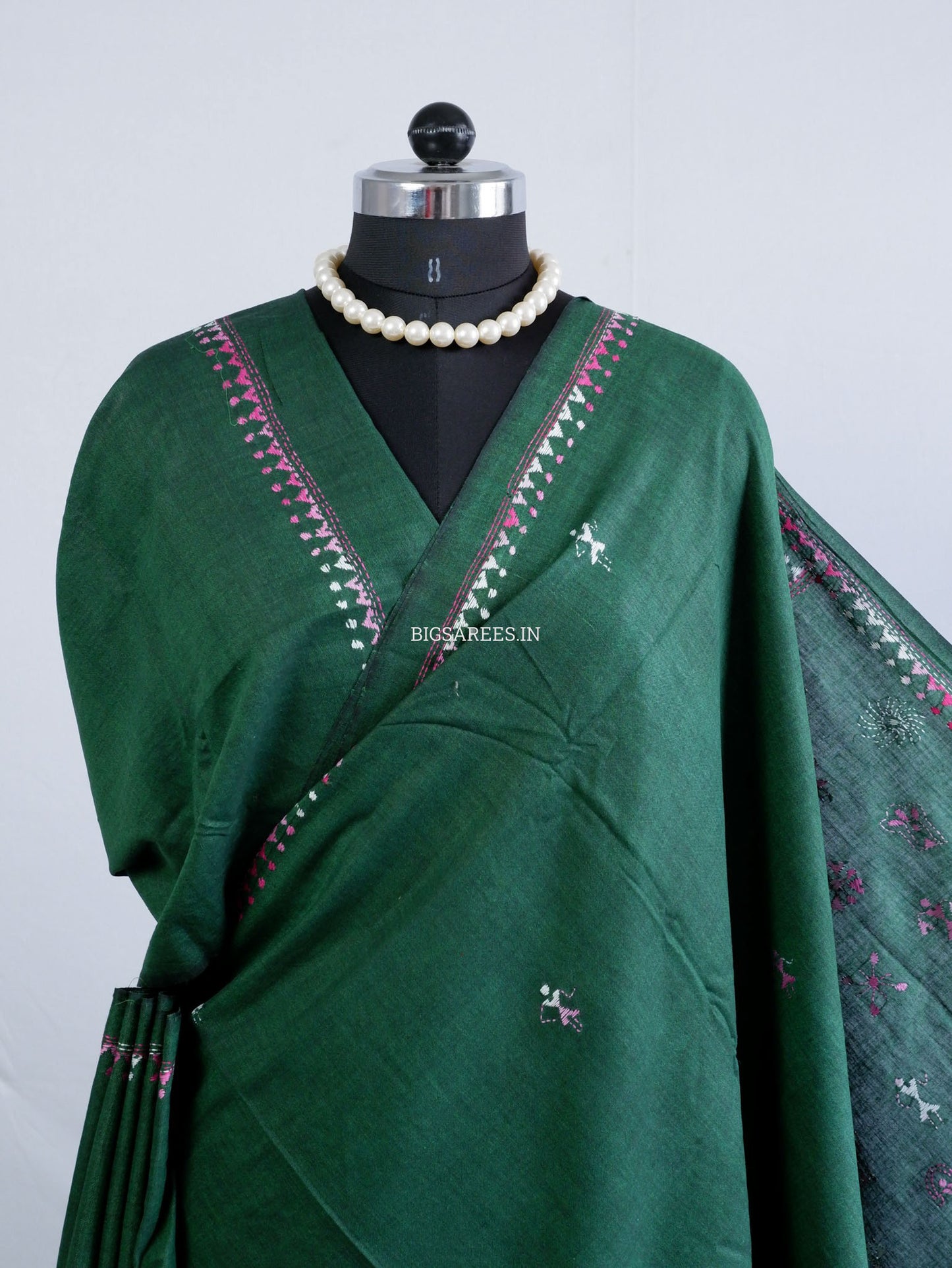 Kantha Hand-Embroidered Saree | Pure Khadi Cotton | Dark Green