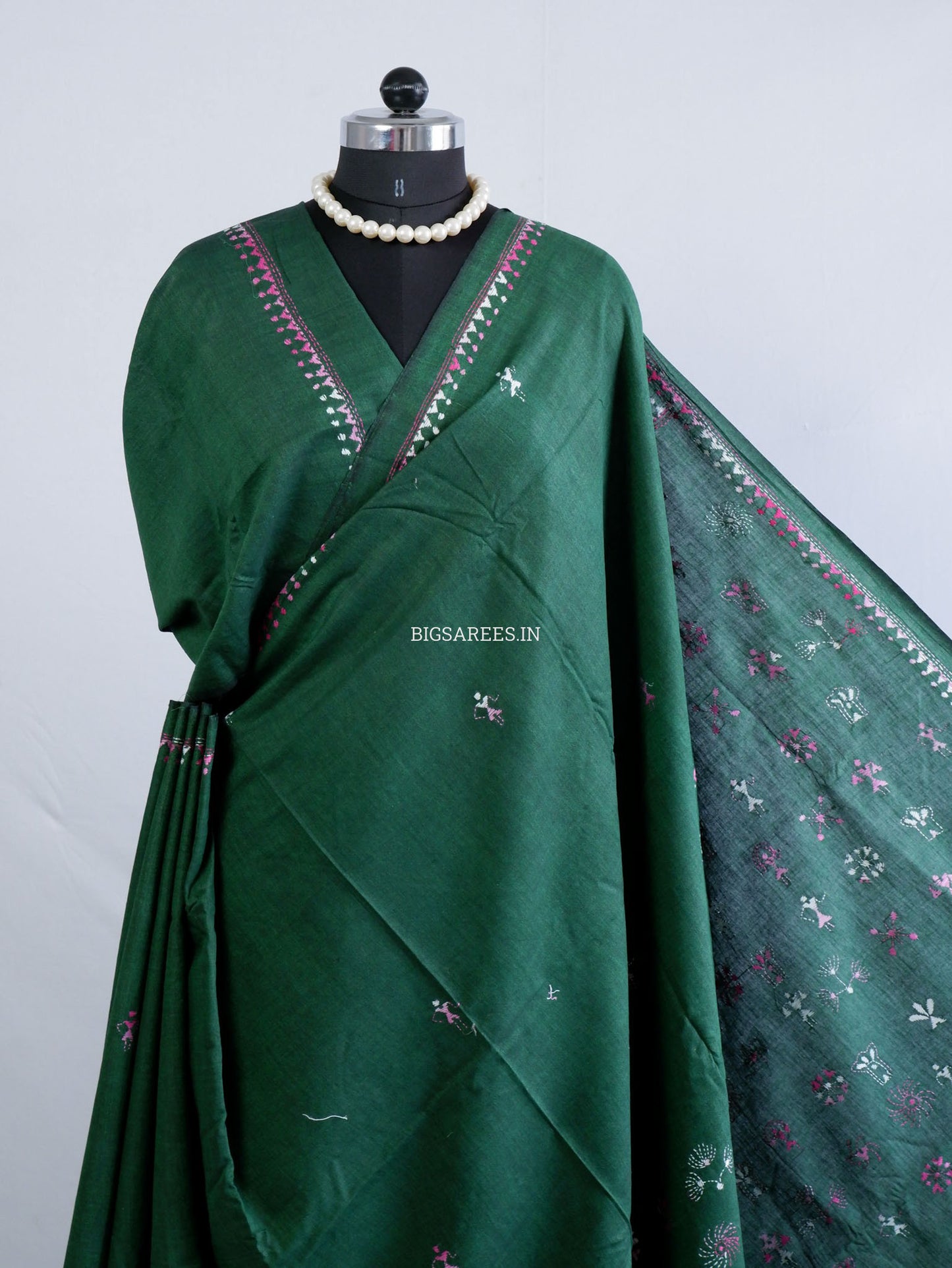 Kantha Hand-Embroidered Saree | Pure Khadi Cotton | Dark Green