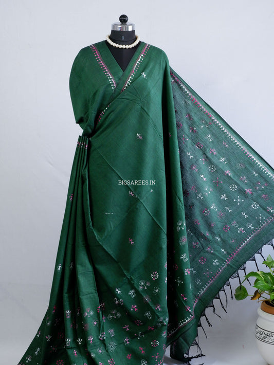 Kantha Hand-Embroidered Saree | Pure Khadi Cotton | Dark Green