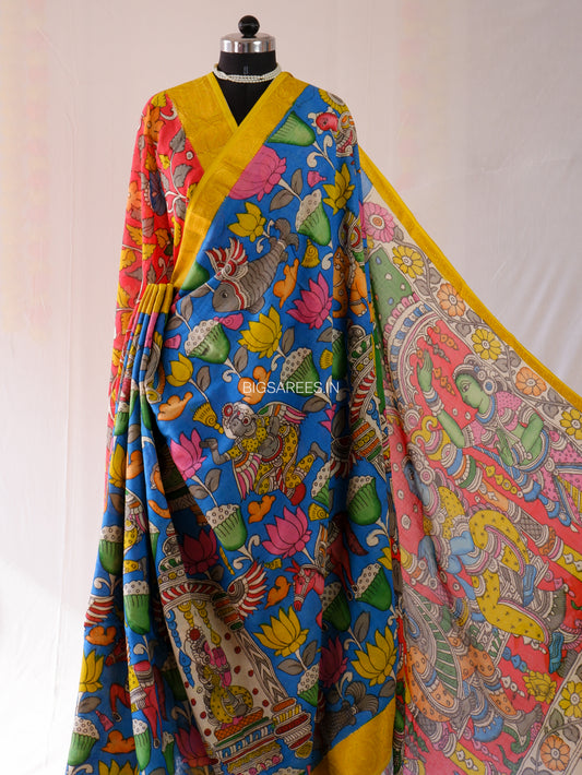 Pen Kalamkari Cotton Saree with Running Blouse | Hand-Painted | Blue
