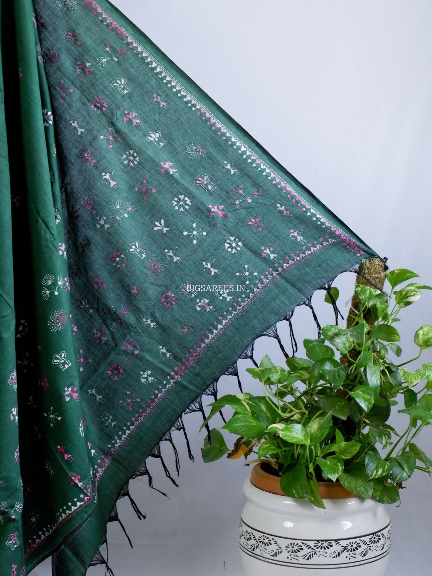 Kantha Hand-Embroidered Saree | Pure Khadi Cotton | Dark Green