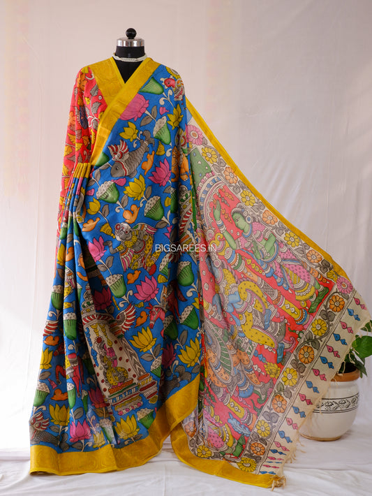 Pen Kalamkari Cotton Saree with Running Blouse | Hand-Painted | Blue