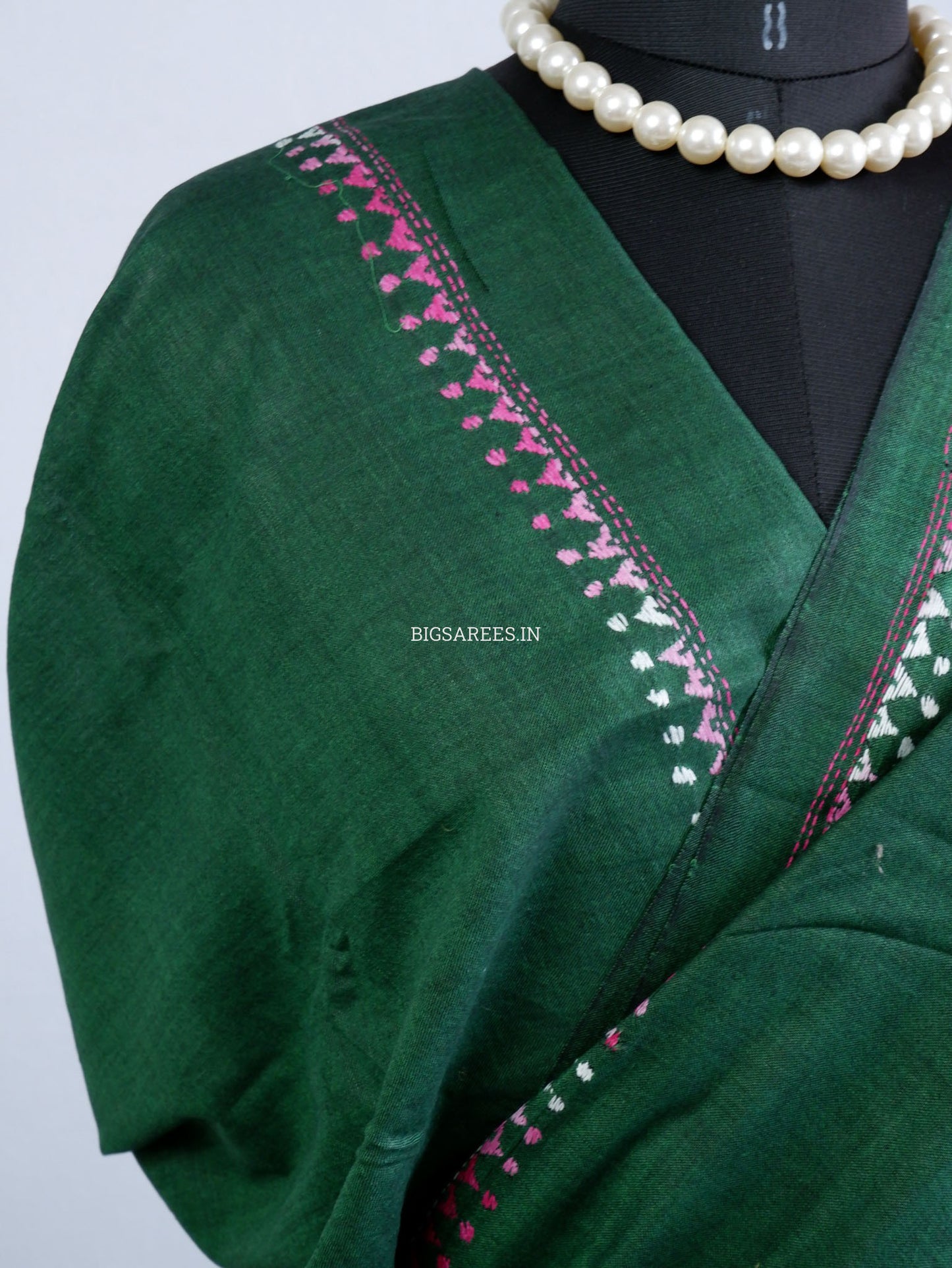 Kantha Hand-Embroidered Saree | Pure Khadi Cotton | Dark Green