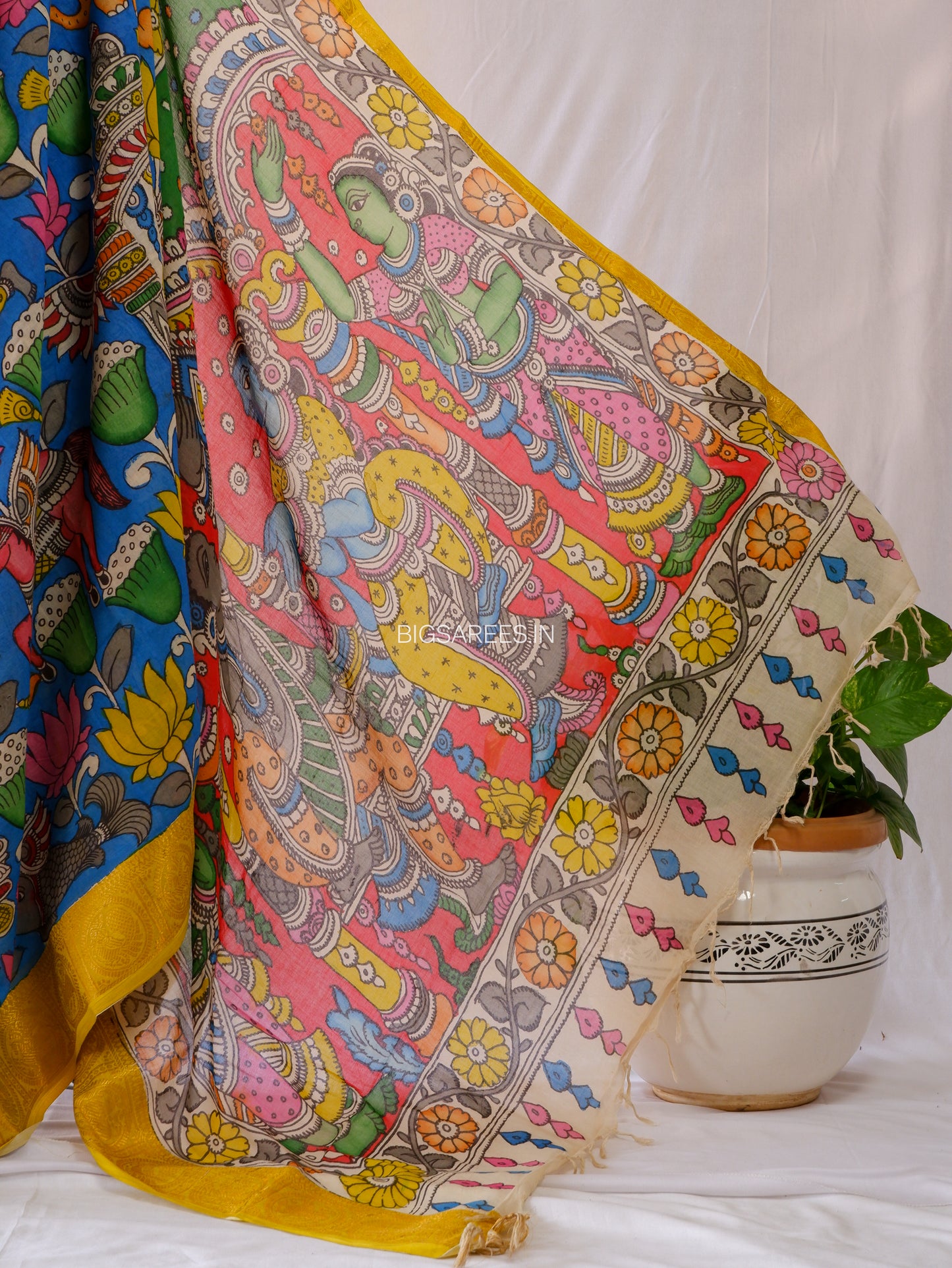Pen Kalamkari Cotton Saree with Running Blouse | Hand-Painted | Blue