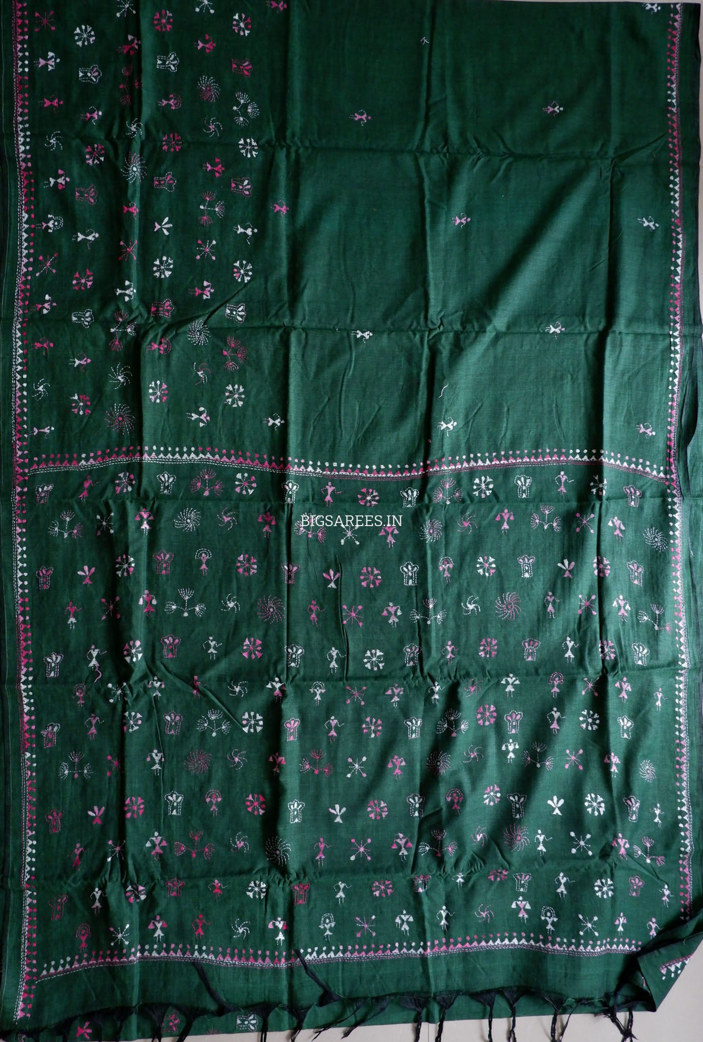 Kantha Hand-Embroidered Saree | Pure Khadi Cotton | Dark Green