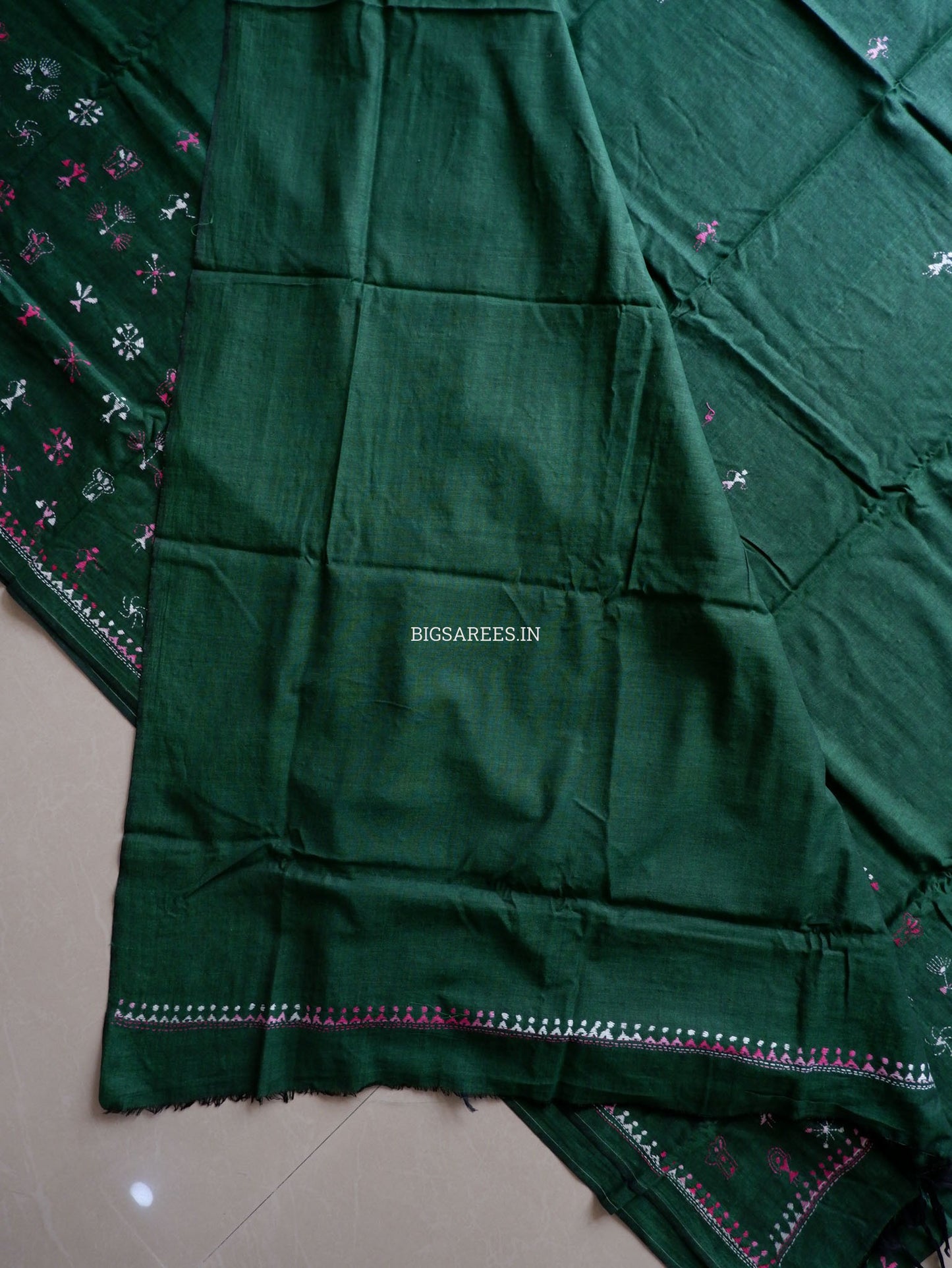 Kantha Hand-Embroidered Saree | Pure Khadi Cotton | Dark Green