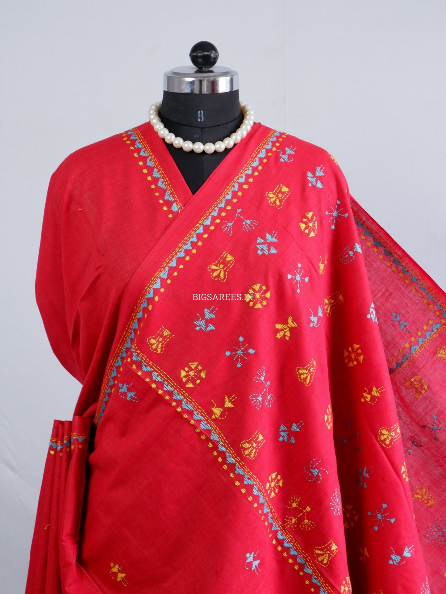 Kantha Hand-Embroidered Saree | Pure Khadi Cotton | Red