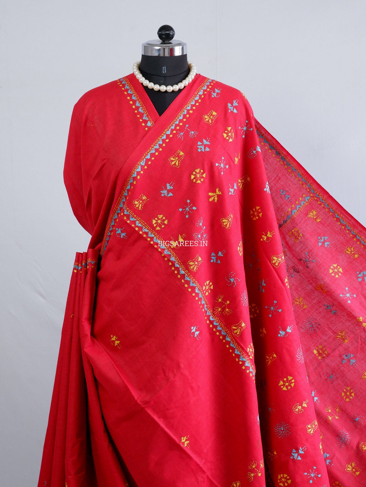Kantha Hand-Embroidered Saree | Pure Khadi Cotton | Red