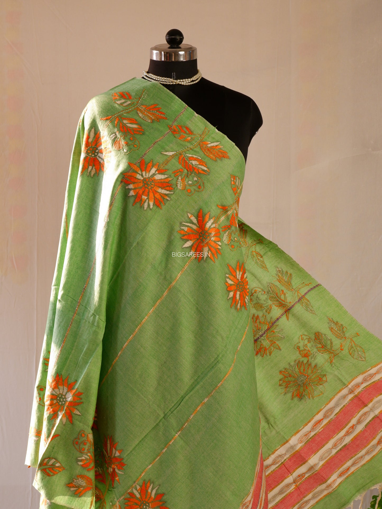 Hand Embroidered Kantha-Stitch Dupatta | Pure Khesh Cotton | Olive Green