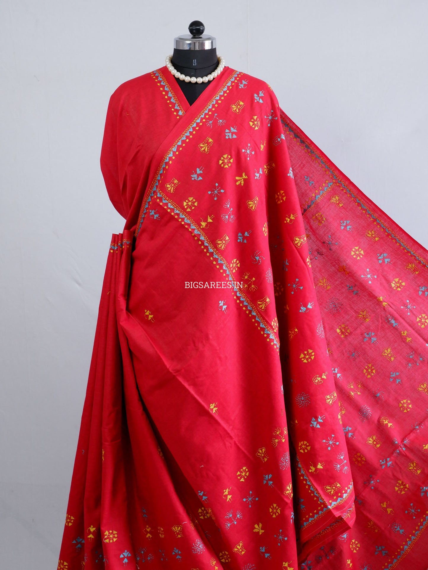 Kantha Hand-Embroidered Saree | Pure Khadi Cotton | Red