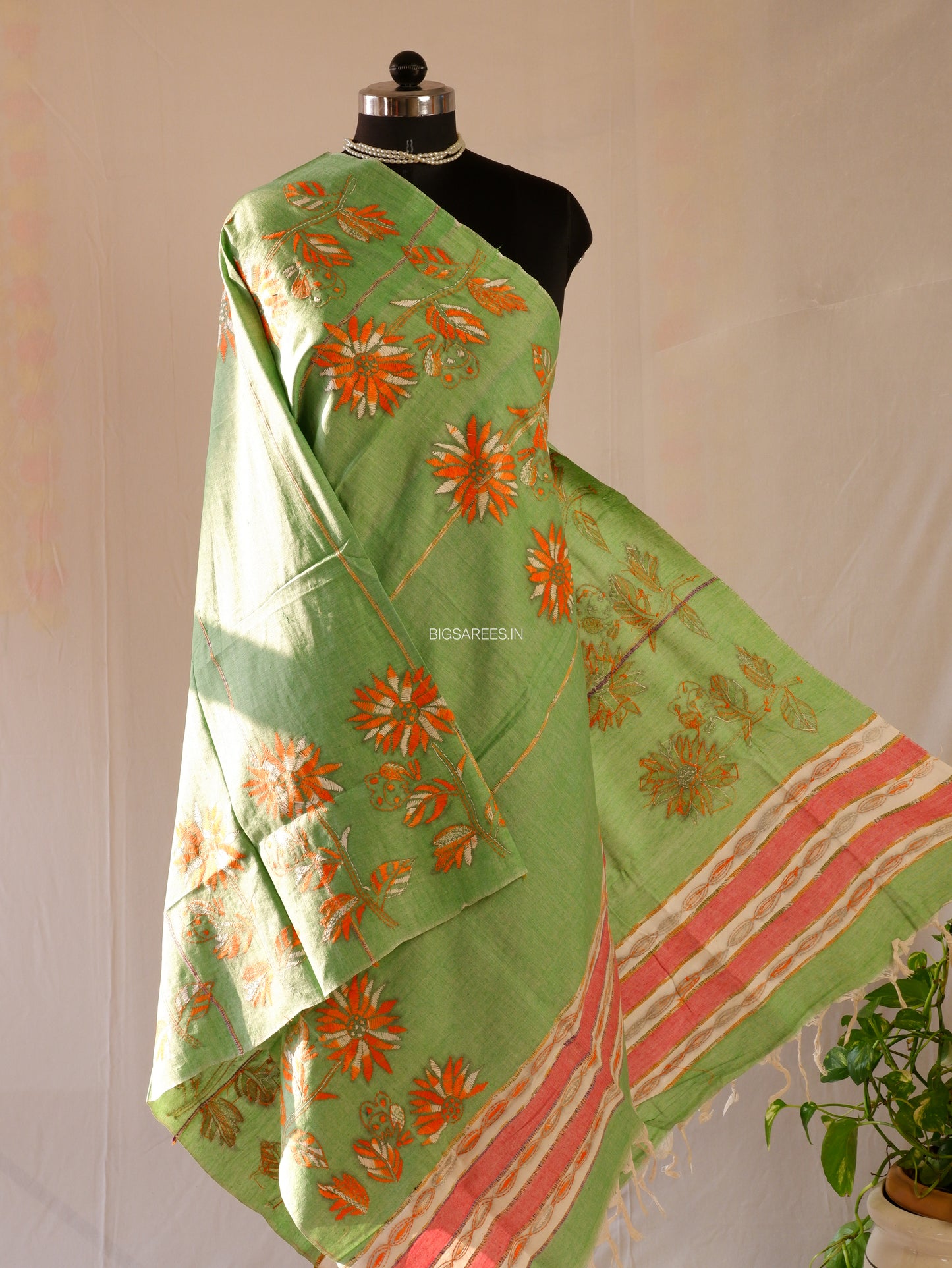 Hand Embroidered Kantha-Stitch Dupatta | Pure Khesh Cotton | Olive Green