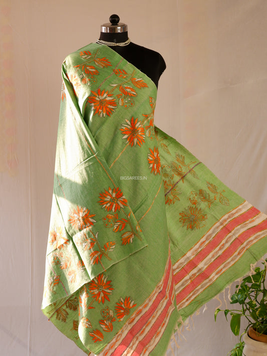 Hand Embroidered Kantha-Stitch Dupatta | Pure Khesh Cotton | Olive Green
