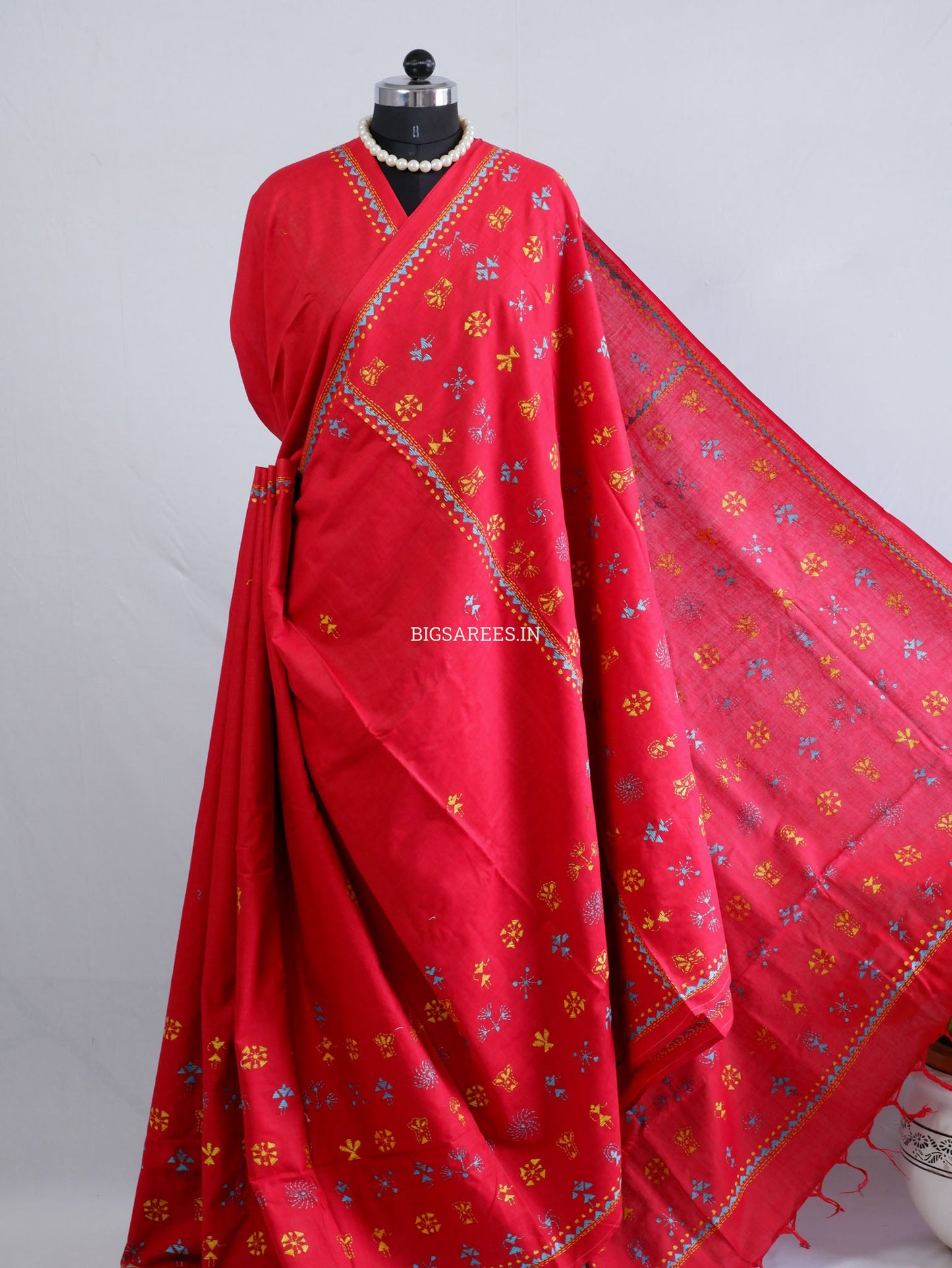 Kantha Hand-Embroidered Saree | Pure Khadi Cotton | Red