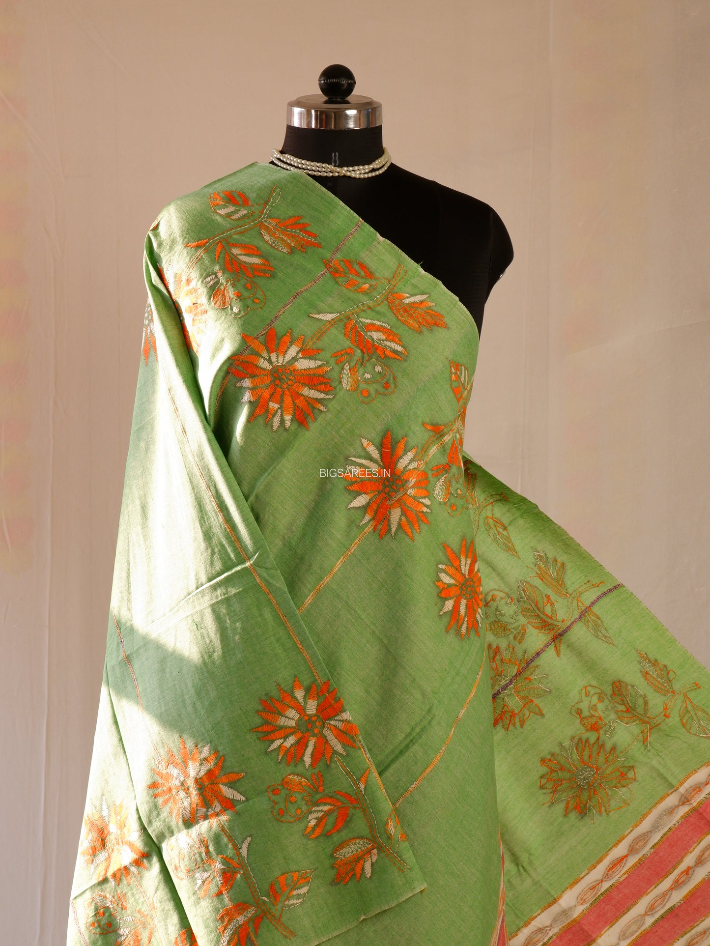 Hand Embroidered Kantha-Stitch Dupatta | Pure Khesh Cotton | Olive Green