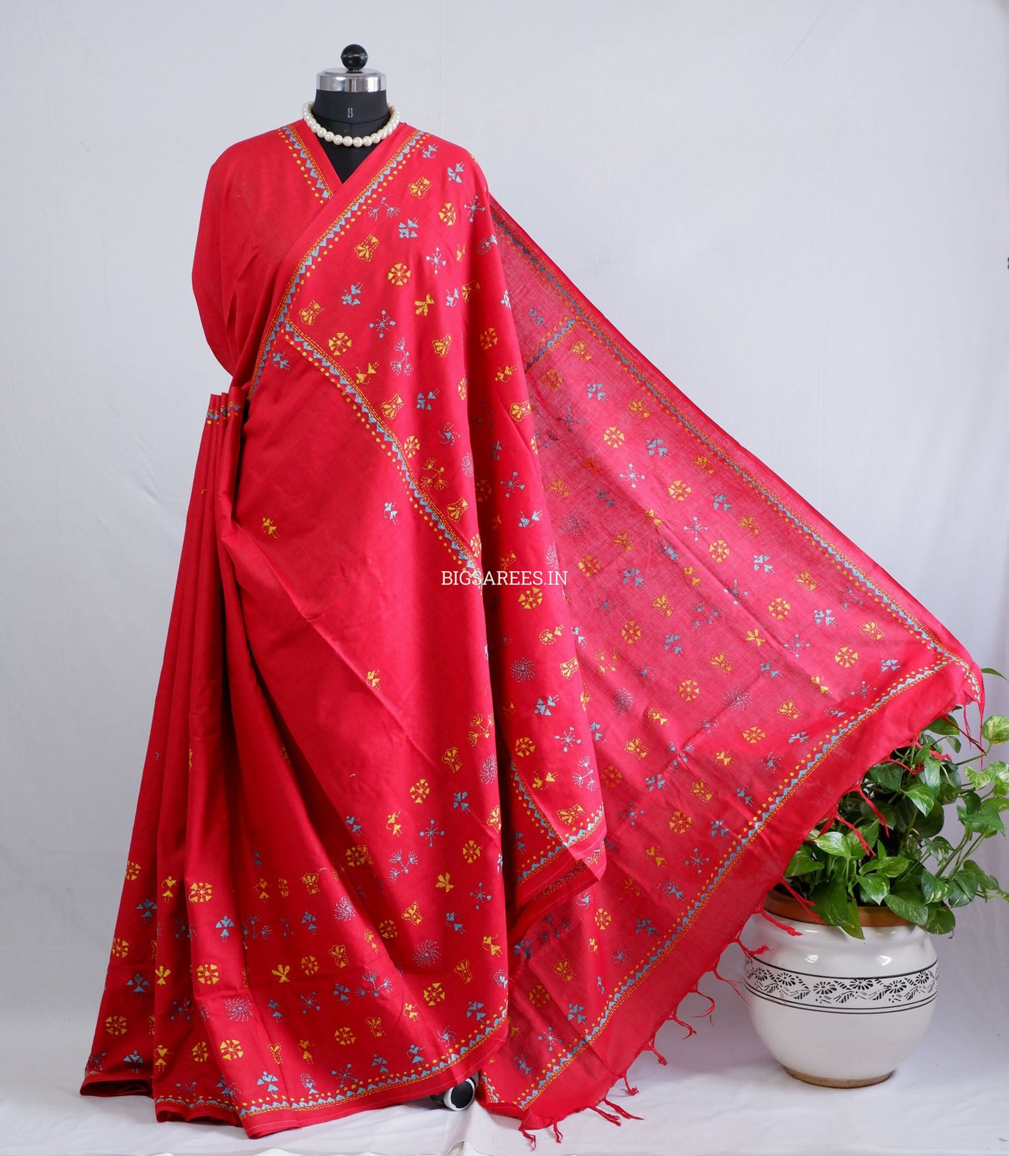 Kantha Hand-Embroidered Saree | Pure Khadi Cotton | Red