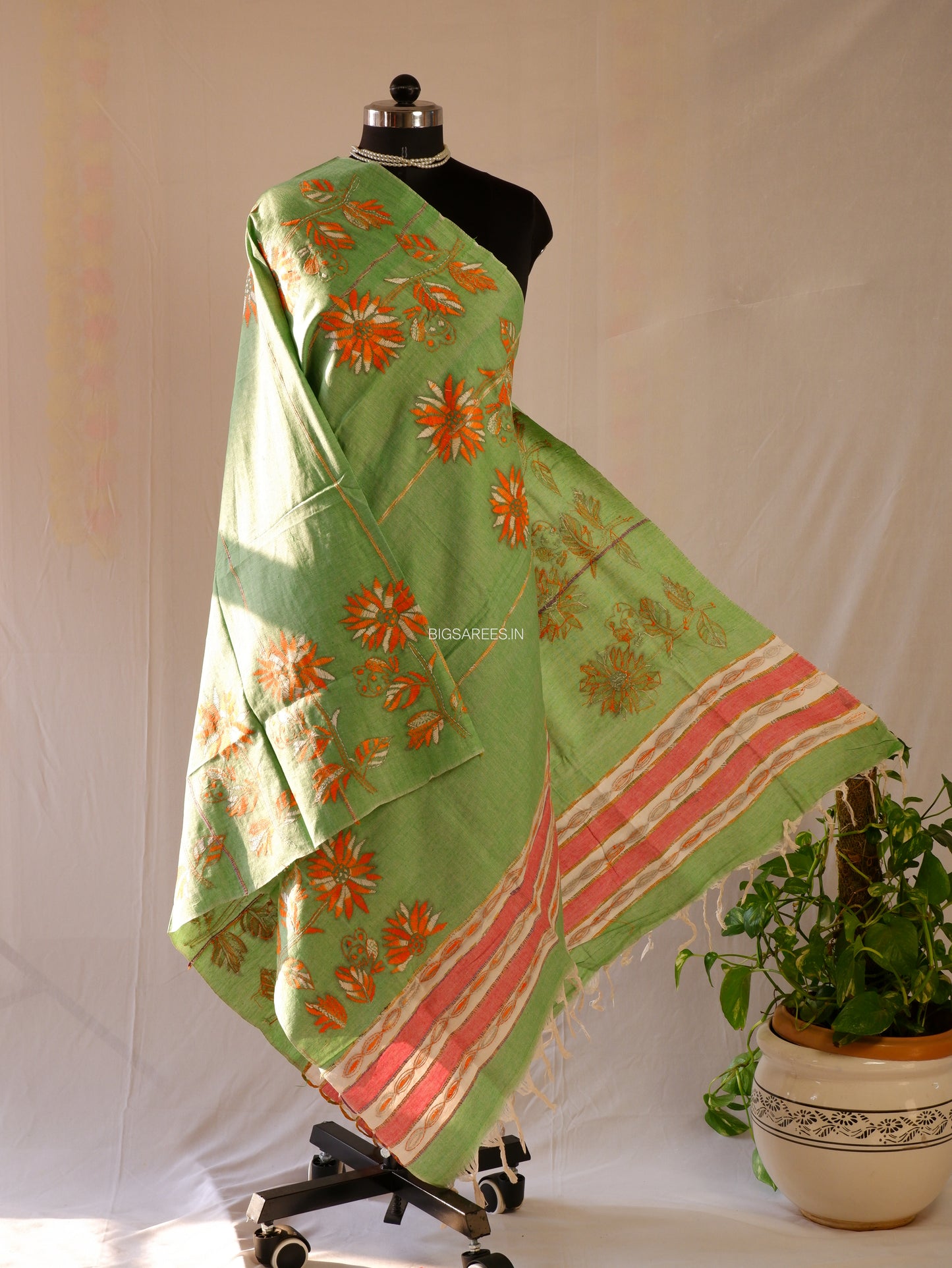 Hand Embroidered Kantha-Stitch Dupatta | Pure Khesh Cotton | Olive Green