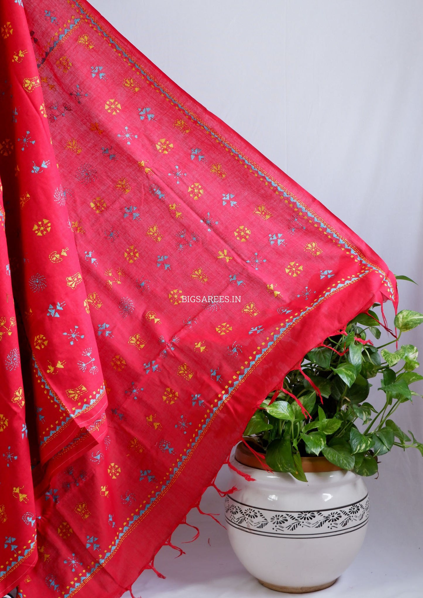 Kantha Hand-Embroidered Saree | Pure Khadi Cotton | Red