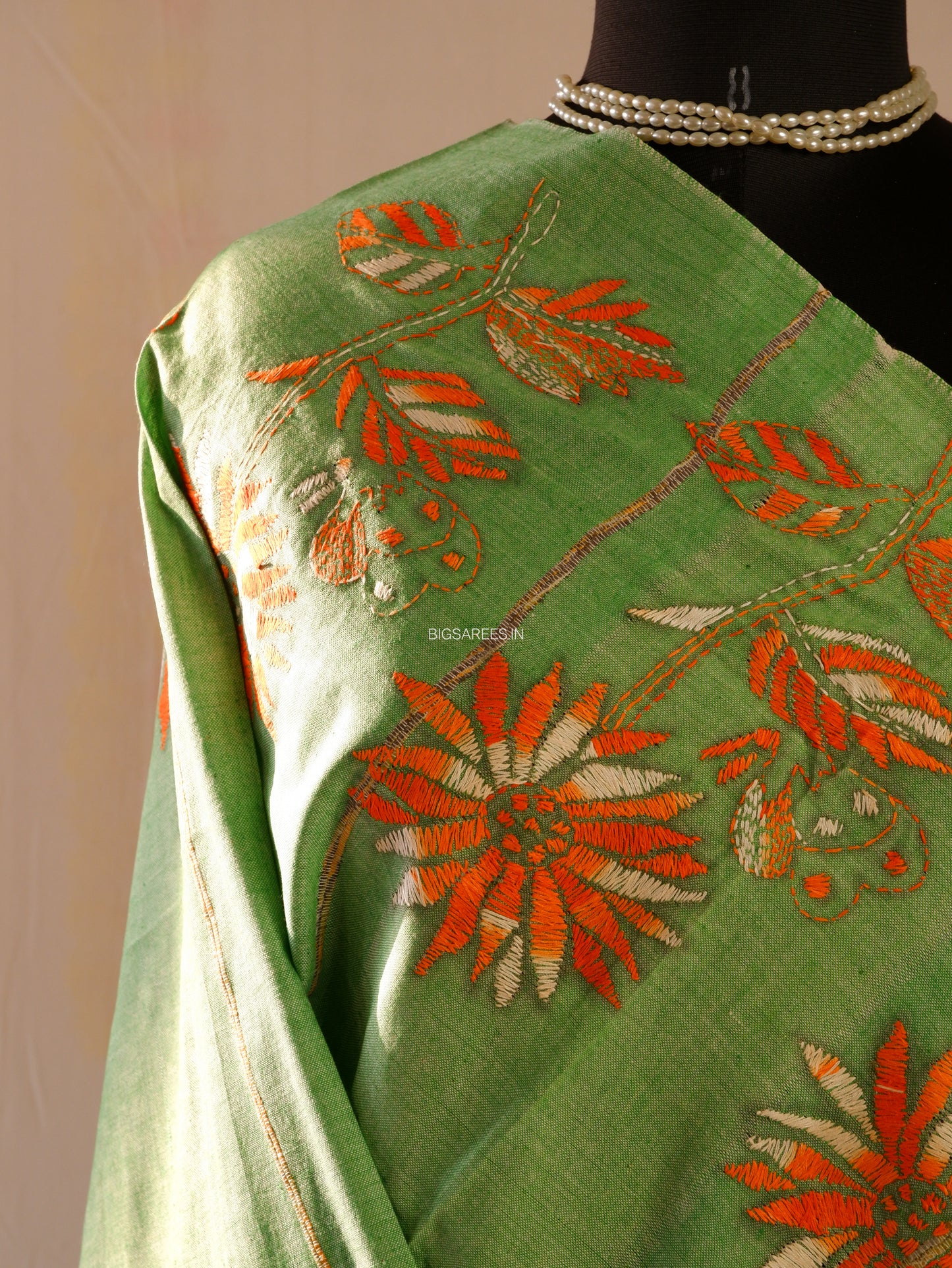 Hand Embroidered Kantha-Stitch Dupatta | Pure Khesh Cotton | Olive Green