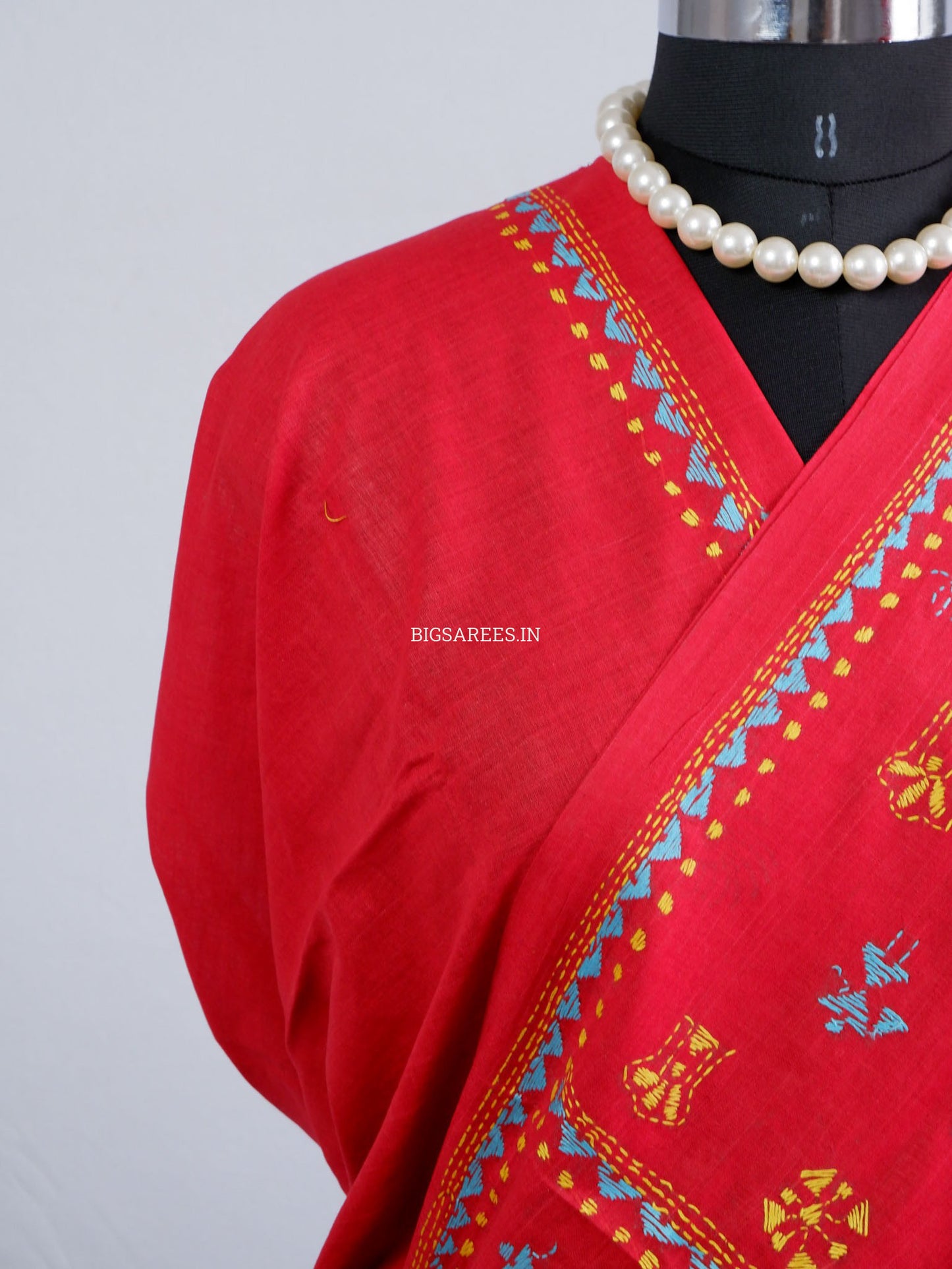 Kantha Hand-Embroidered Saree | Pure Khadi Cotton | Red