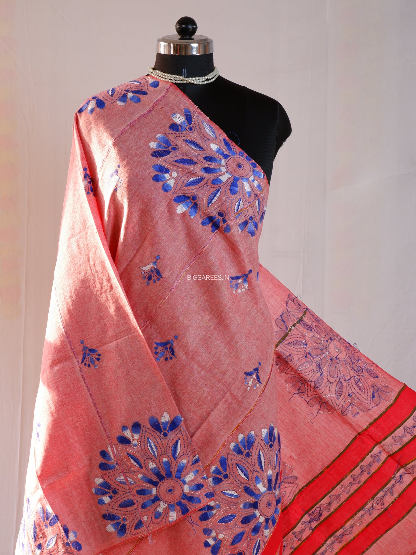 Hand Embroidered Kantha-Stitch Dupatta | Pure Khesh Cotton | Pink