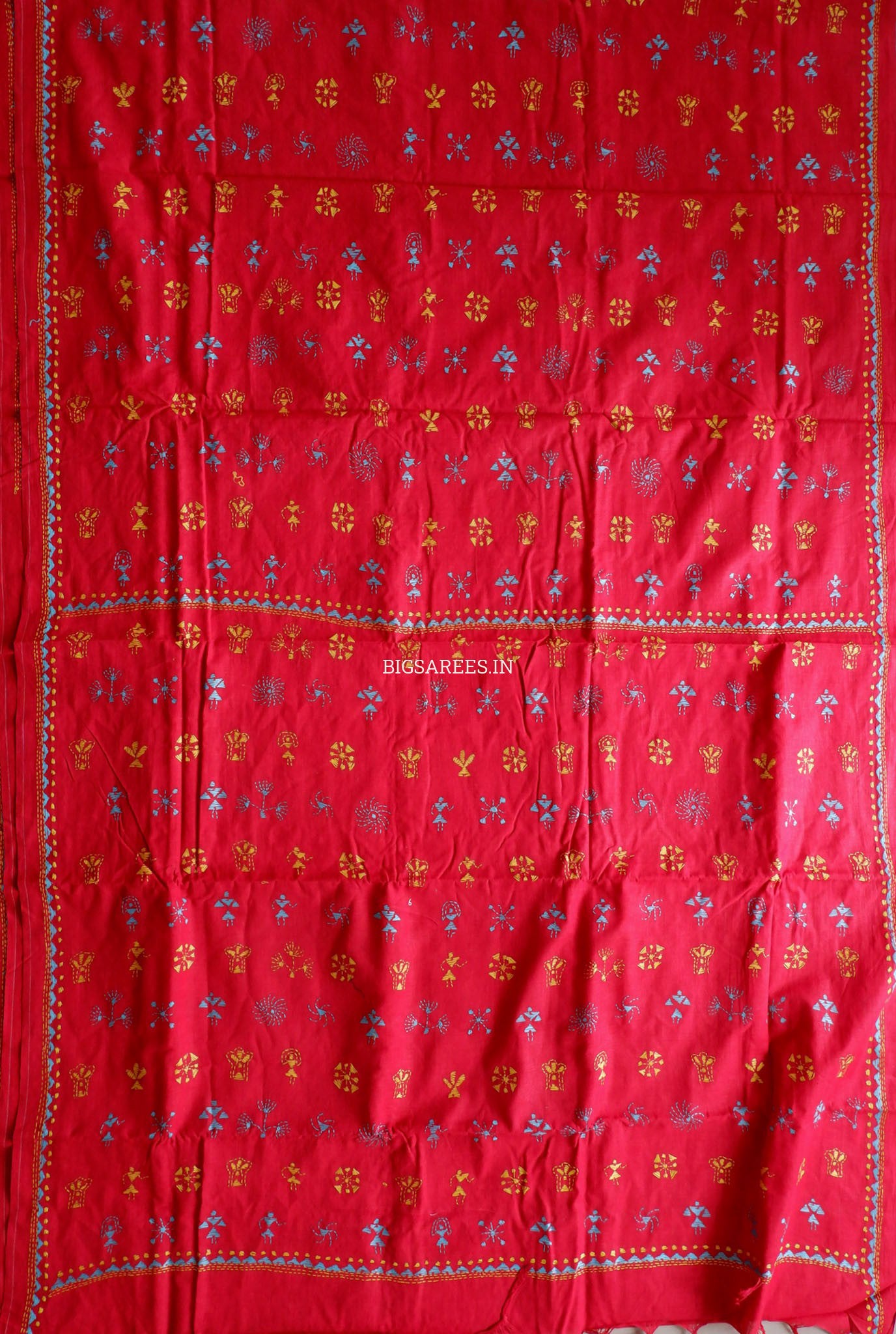 Kantha Hand-Embroidered Saree | Pure Khadi Cotton | Red