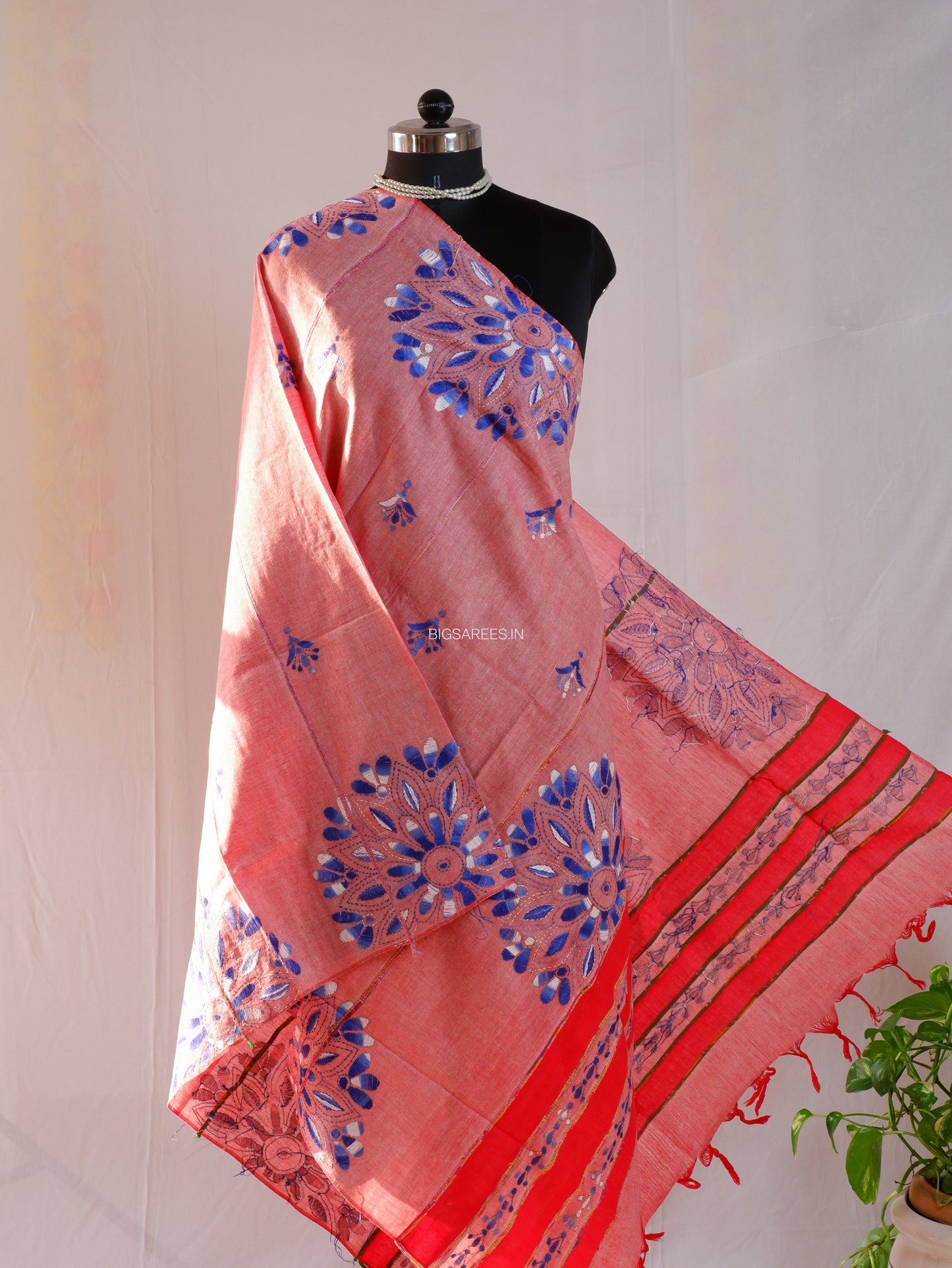 Hand Embroidered Kantha-Stitch Dupatta | Pure Khesh Cotton | Pink