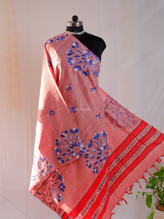 Hand Embroidered Kantha-Stitch Dupatta | Pure Khesh Cotton | Pink