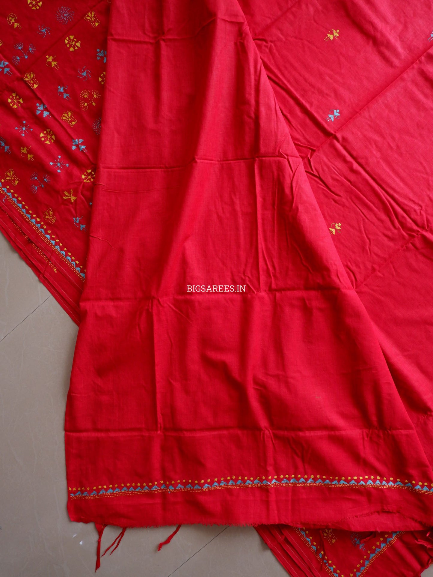 Kantha Hand-Embroidered Saree | Pure Khadi Cotton | Red